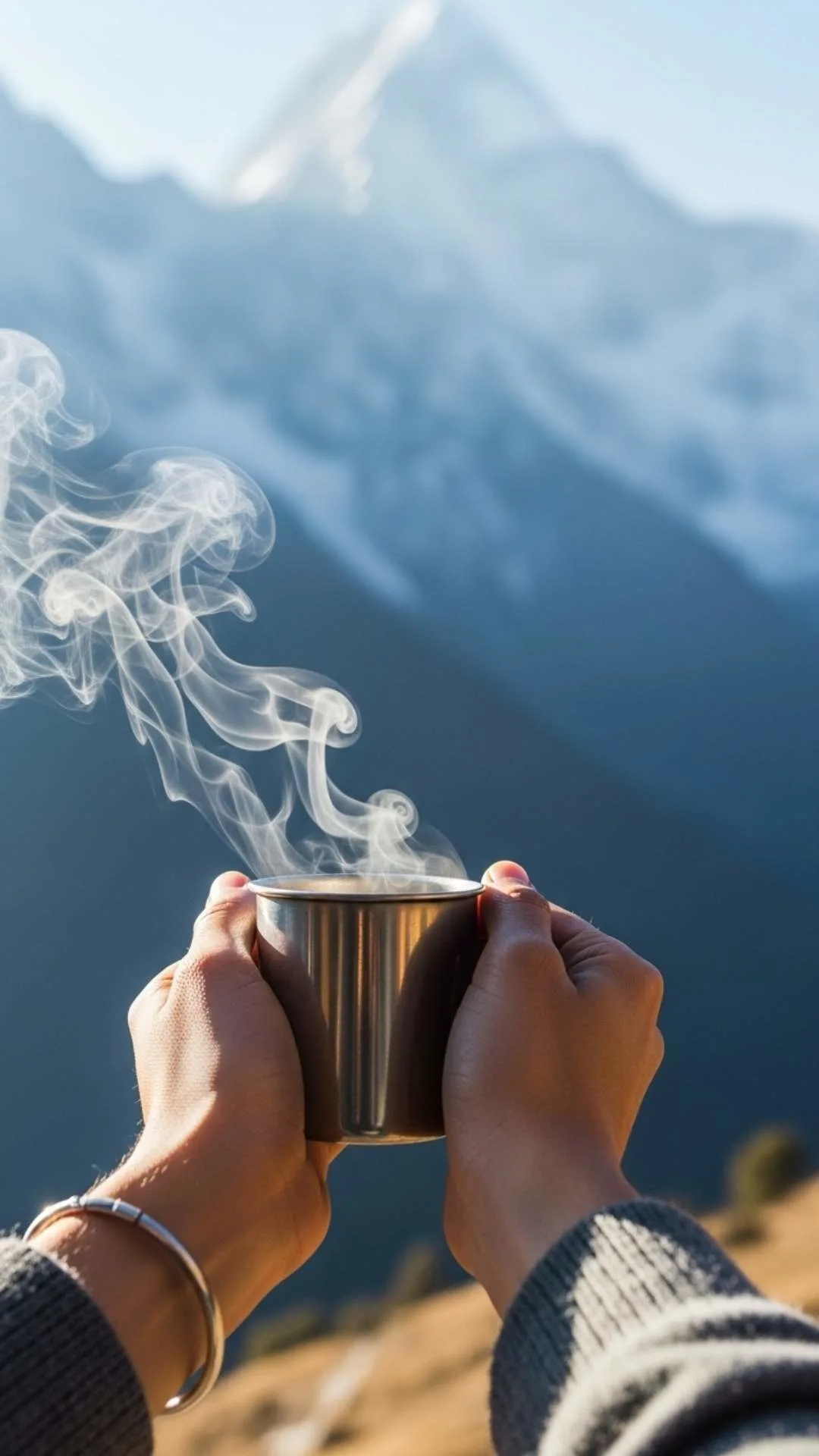Hands holding a warm cup of chai with a view of the Himalayas. A comforting and healing nature DP representing simple pleasures and warmth.
