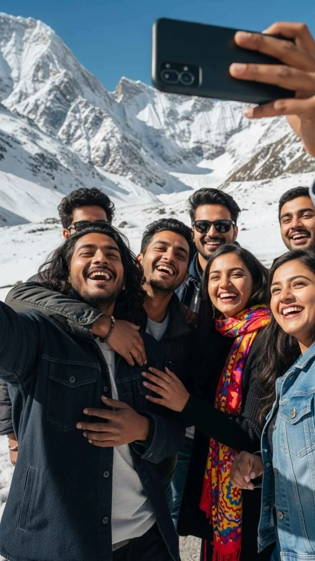 A group of happy friends taking a selfie in the Himalayas. A joyful and heartwarming nature DP celebrating friendship and shared adventures