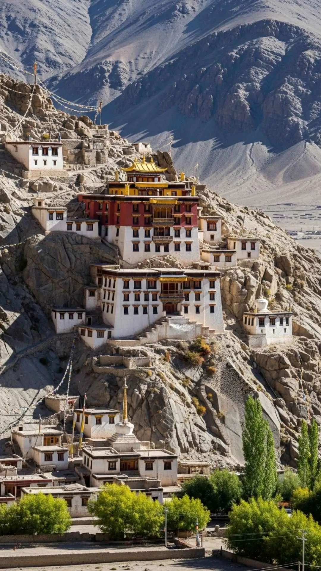 A peaceful and ancient Buddhist monastery in the Himalayas of Ladakh. A spiritual and calming nature DP for tranquility and reflection