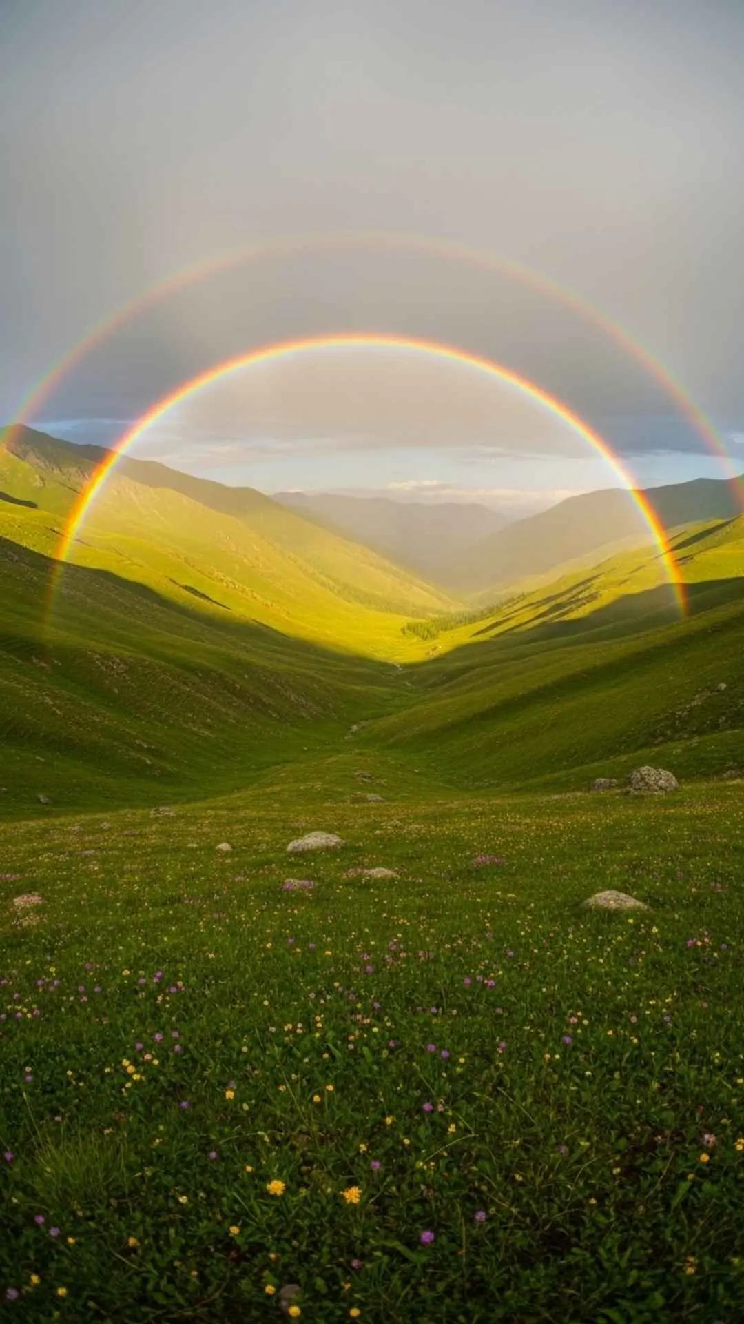 A beautiful, vibrant rainbow over a green Himalayan valley. A joyful and hopeful nature DP symbolizing good things to come