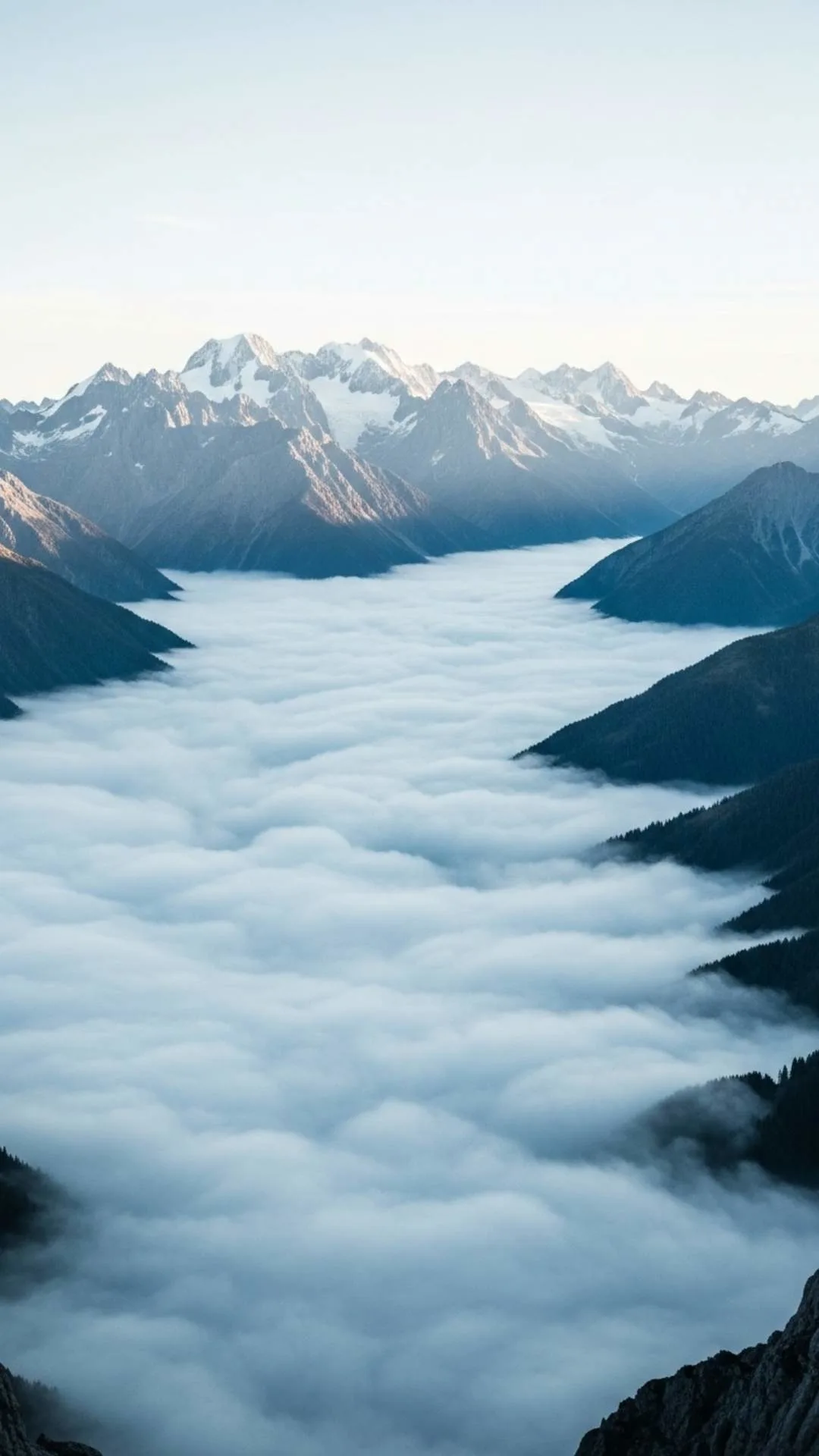 A view from above a sea of clouds in a Himalayan valley. A dreamy and healing nature DP for escapism and tranquility