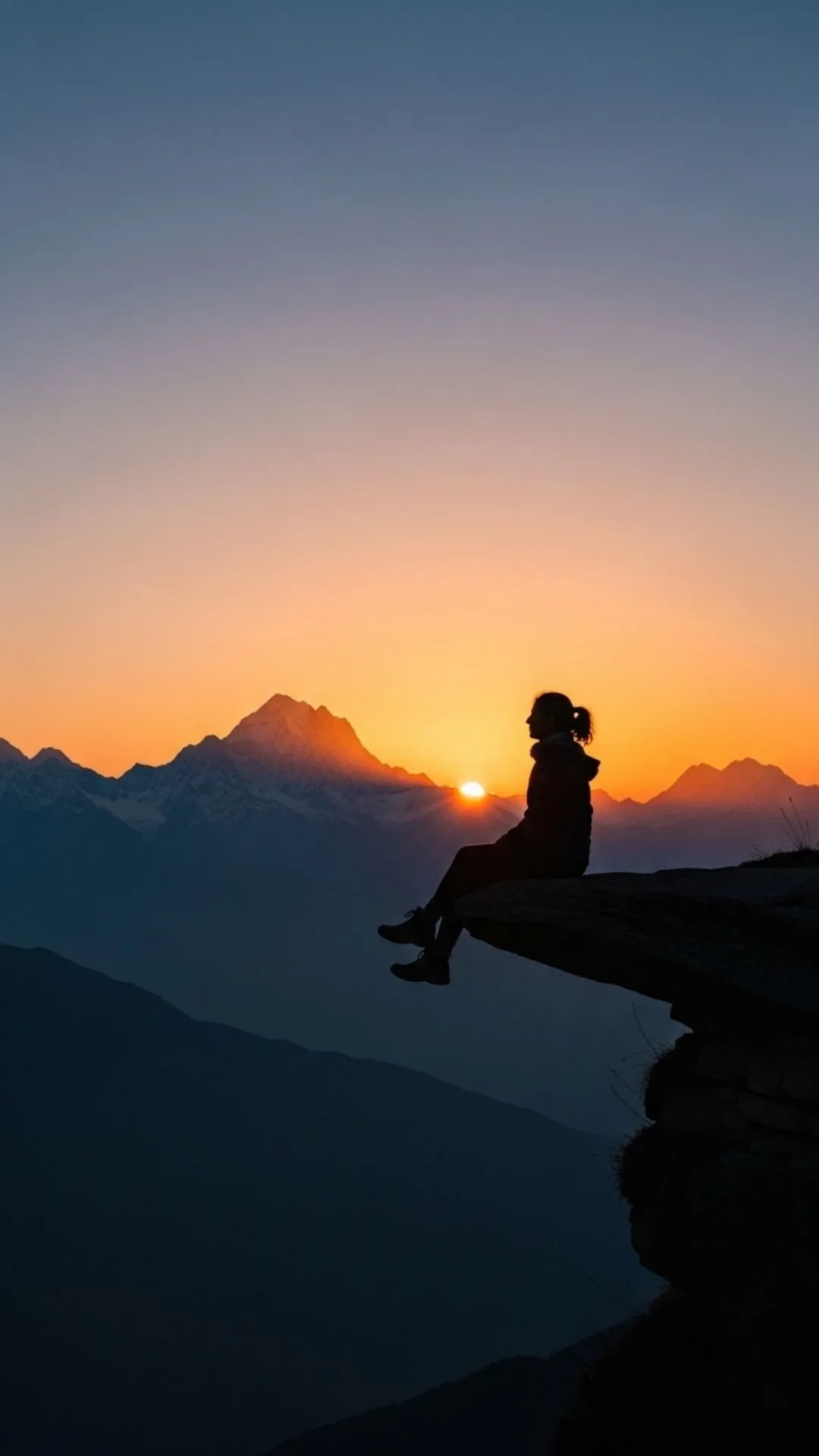 A solo traveler watches a sunset over the Himalayas. An introspective and healing nature DP for self-discovery and contemplation.