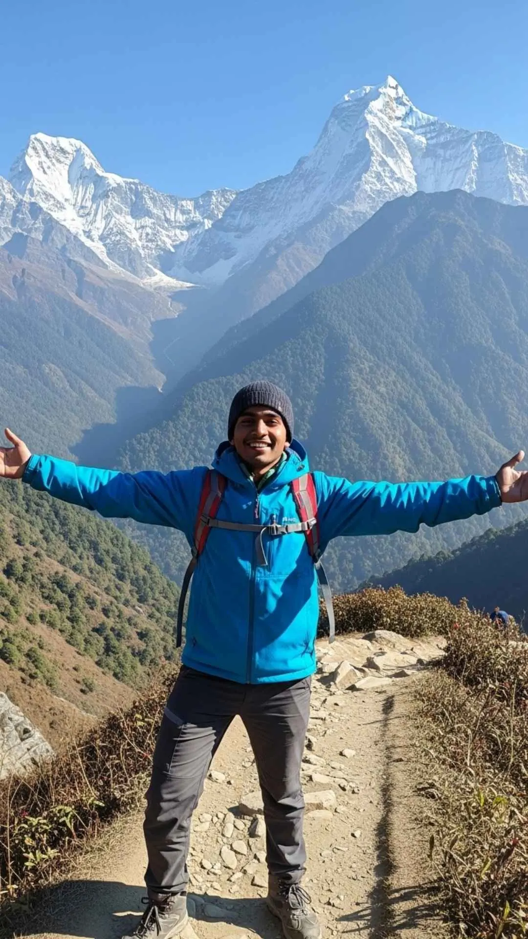A joyful trekker smiling on a Himalayan trail, celebrating the journey. A happy and life-loving nature DP for adventure and personal achievement
