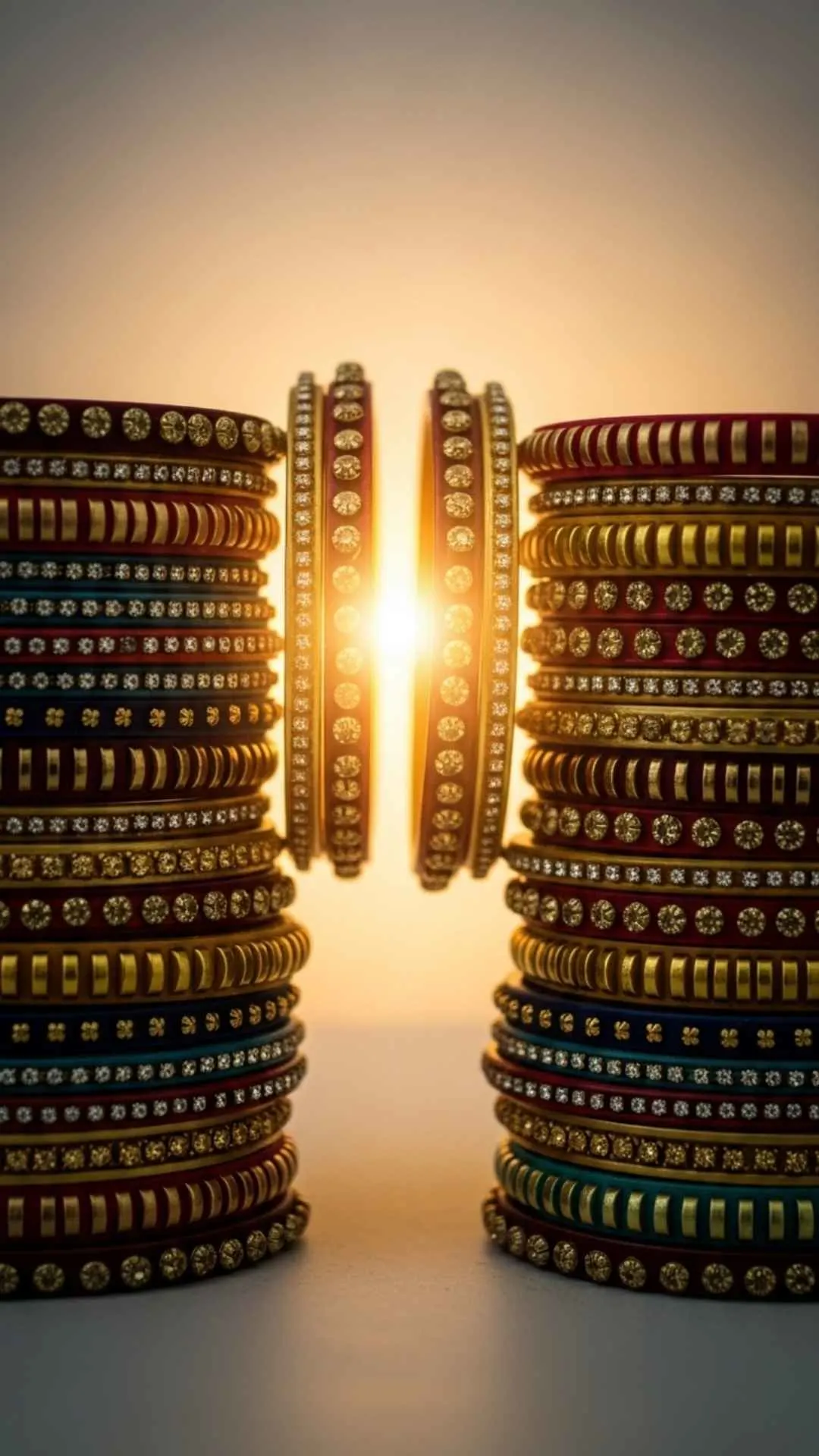 Stack of colorful Indian bangles with glowing gap, symbolizing hope, healing space, vibrant tradition.