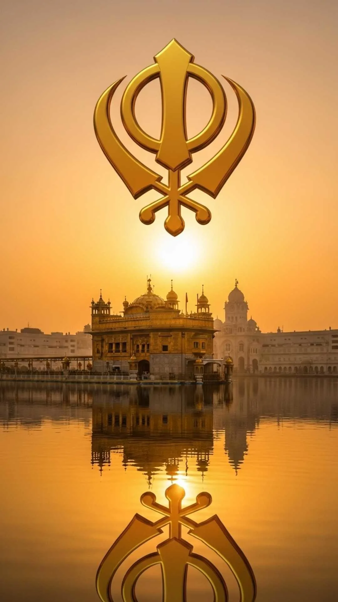 A divine DP featuring a golden Ik Onkar symbol (ੴ) floating above the Golden Temple at sunrise, symbolizing One Creator and enlightenment. #IkOnkar #GoldenTemple #SikhDP #Sunrise #OneCreator