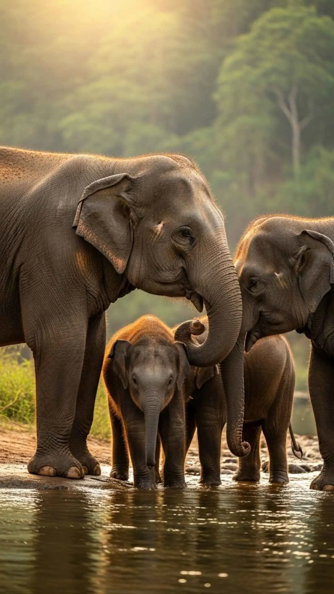 A gentle herd of Indian elephants with a baby near a river in Kerala. A healing and joyful DP that symbolizes family, wisdom, and peace
