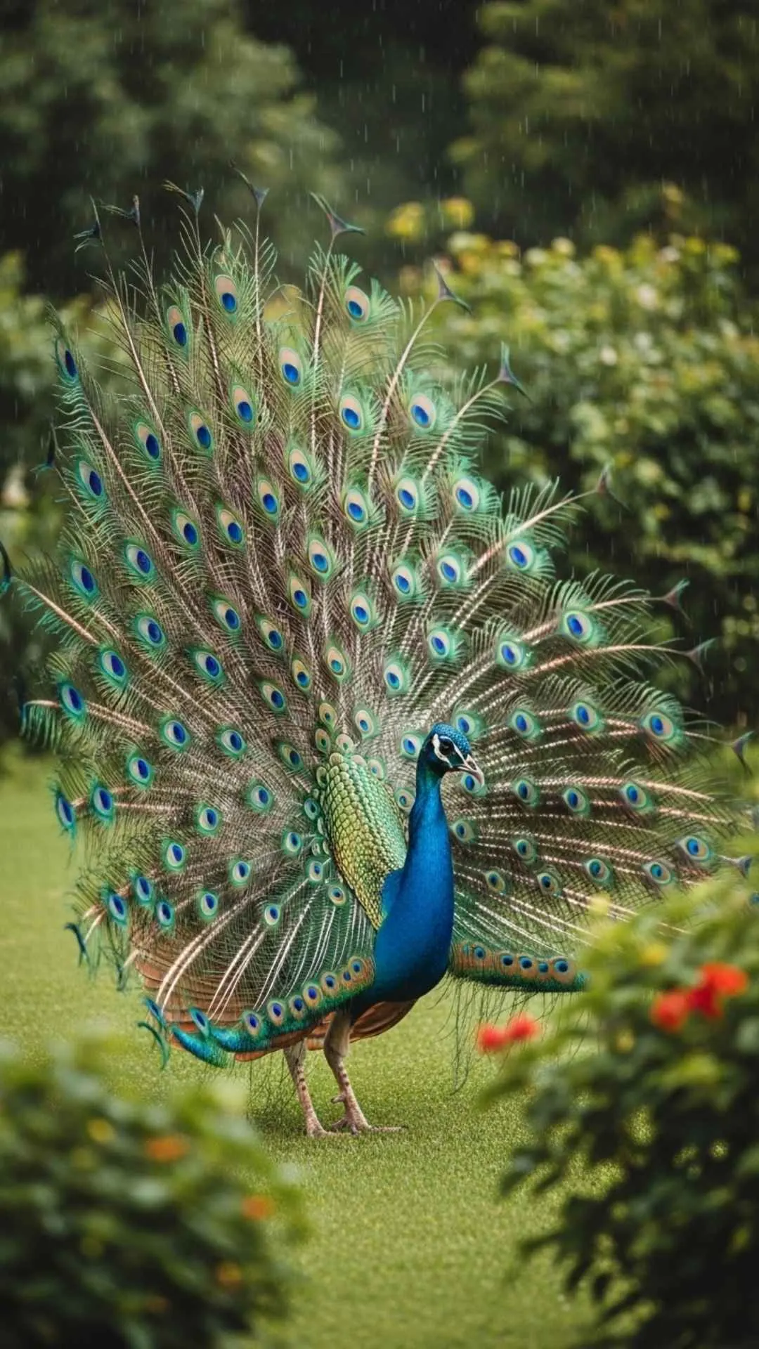 An Indian Peacock with its vibrant, fully-spread tail feathers in a garden. A joyful and beautiful nature DP representing grace, beauty, and happiness