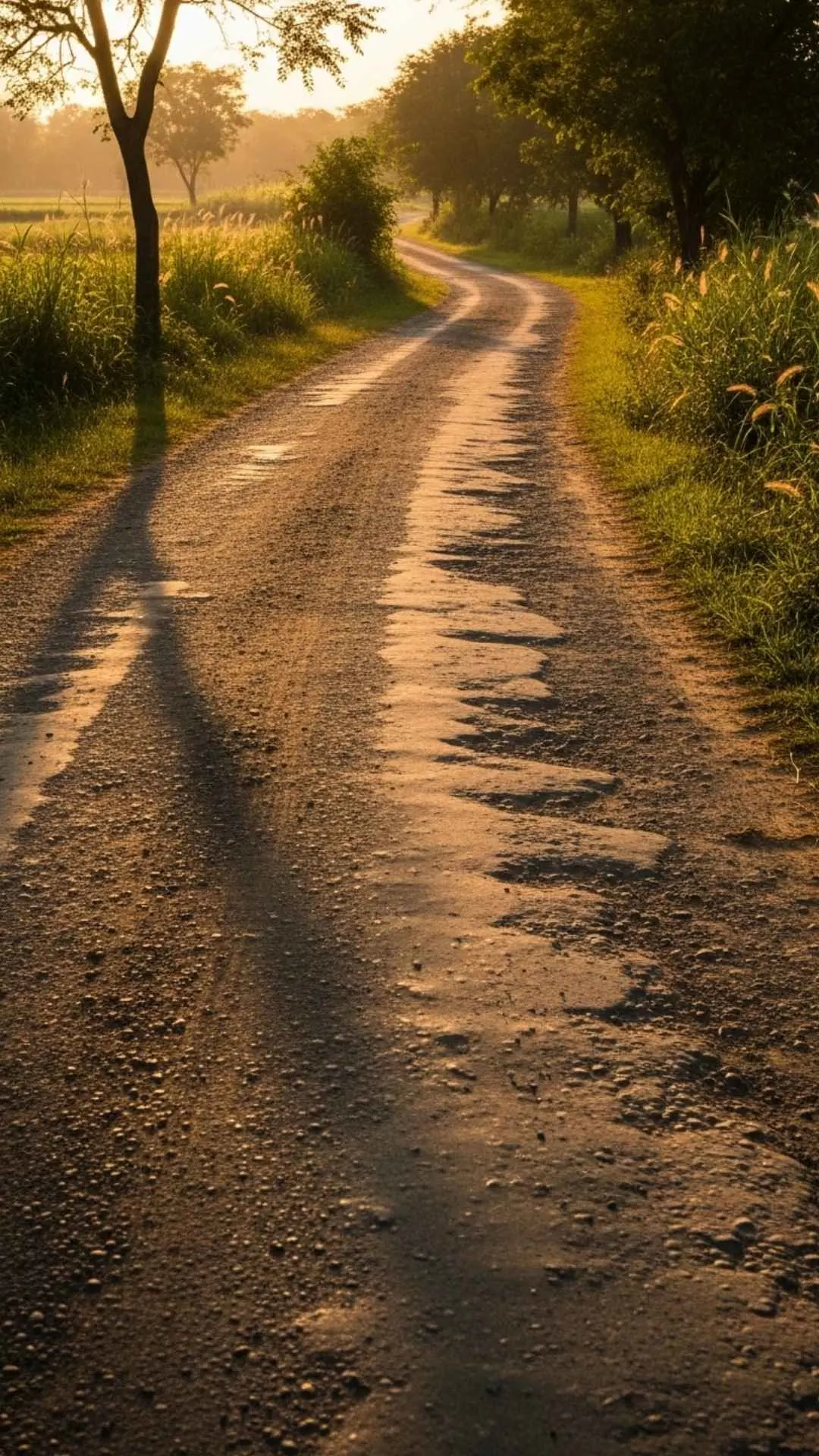 Peaceful Indian village road at sunset, conveying quiet solitude.