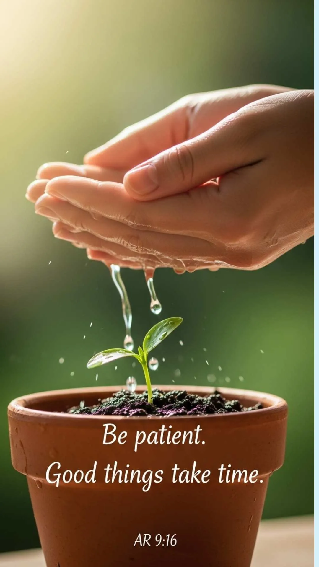 Inspirational DP about patience and growth, showing hands nurturing a small plant. The quote 'Good things take time' provides a positive mindset message for success and self-care.