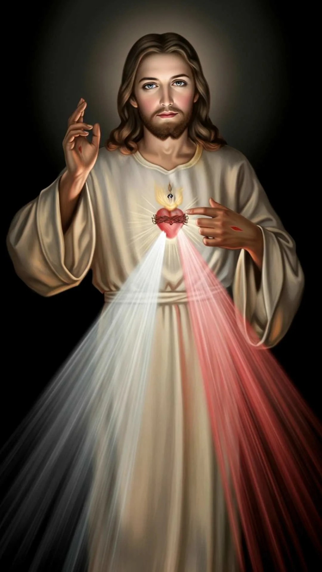 A devotional DP of Jesus Christ as the Divine Mercy, with rays of red and white light streaming from His heart. A symbol of mercy, grace, and trust. #DivineMercy #SacredHeart #JesusITrustInYou #Grace #Catholic