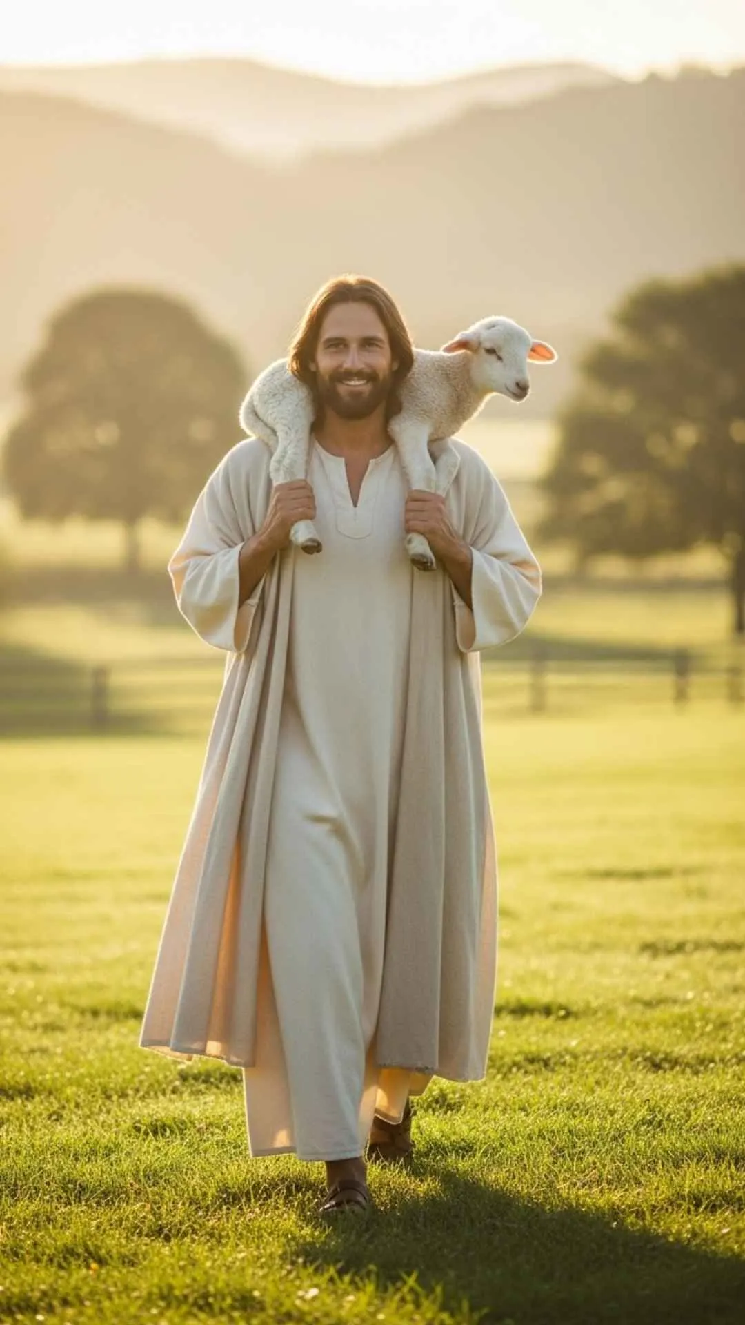 A gentle DP of Jesus Christ as the Good Shepherd, lovingly carrying a lamb on his shoulders, symbolizing his care and protection for his flock. #GoodShepherd #JesusLovesYou #Psalm23 #Compassion #ChristianDP