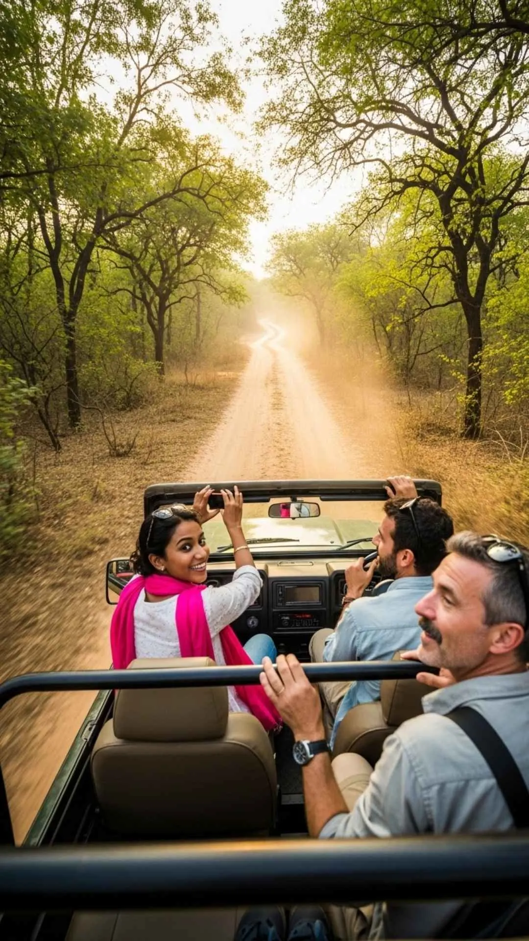 The exciting view from inside a jungle safari jeep in an Indian National Park. An adventurous and joyful DP for explorers and thrill-seekers.