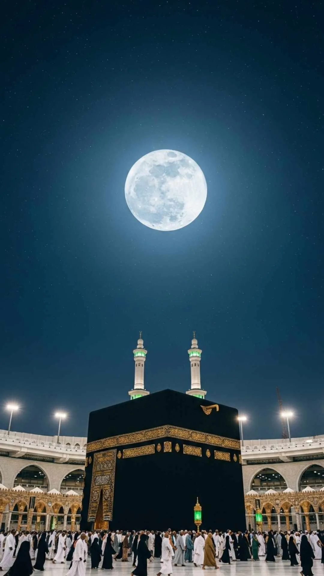 Kaaba DP, majestic Kaaba in Mecca under a moonlit sky, sacred Islamic profile picture, peaceful and inspiring.