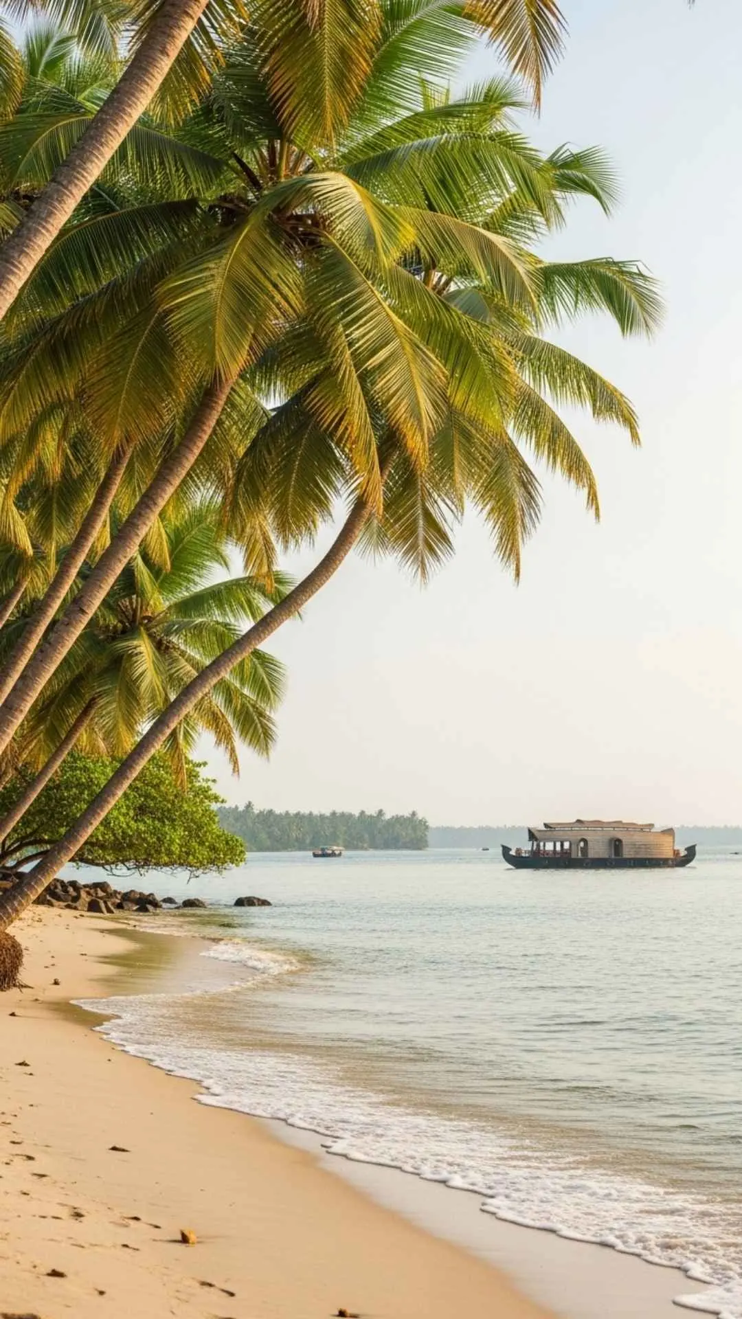 A serene Kerala beach with green coconut palm trees. A tranquil and healing nature DP representing the peaceful backwaters of India
