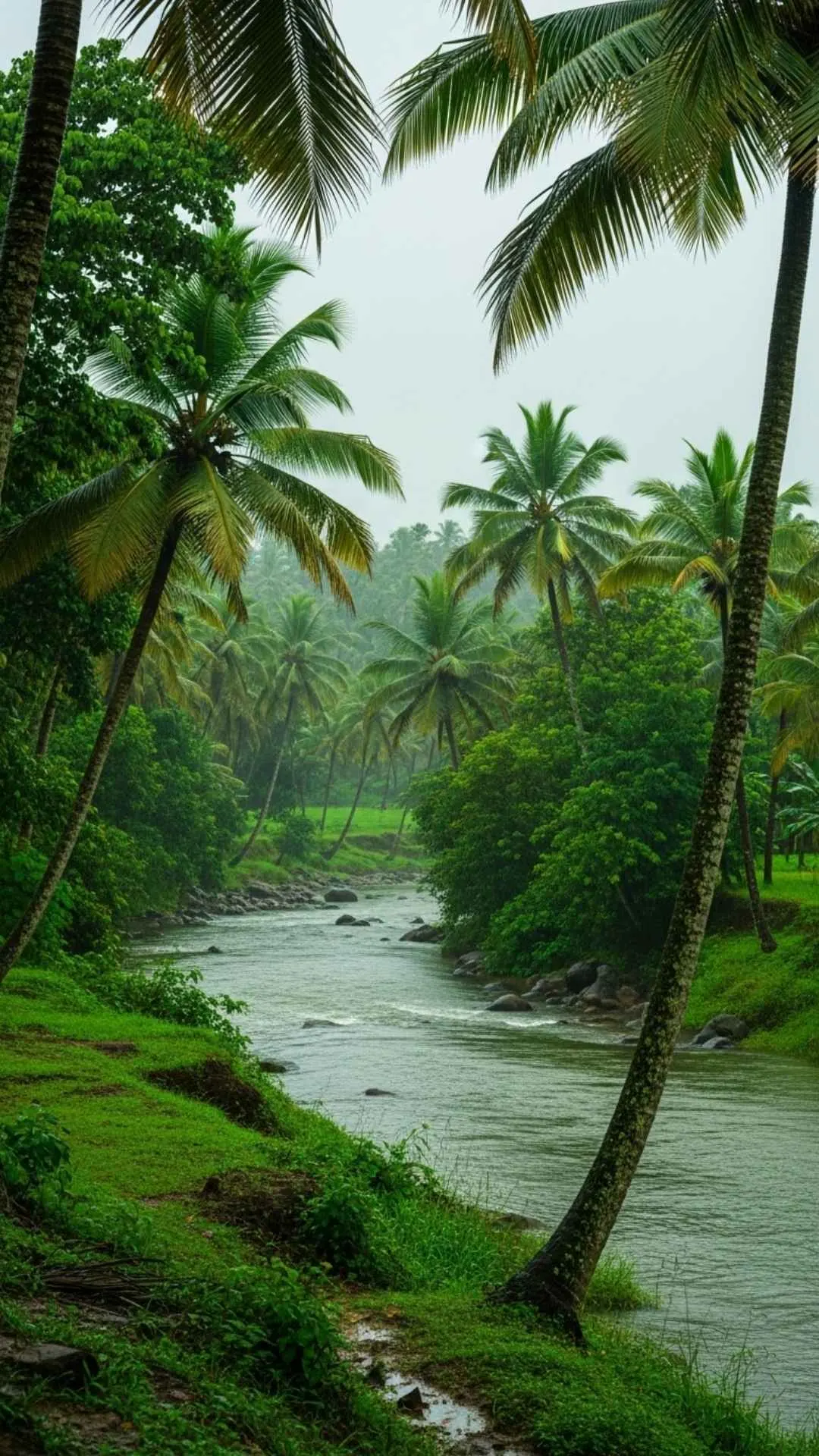 Lush Kerala monsoon landscape DP for WhatsApp, showing vibrant green vegetation glistening after rain. A refreshing rainy nature profile picture.