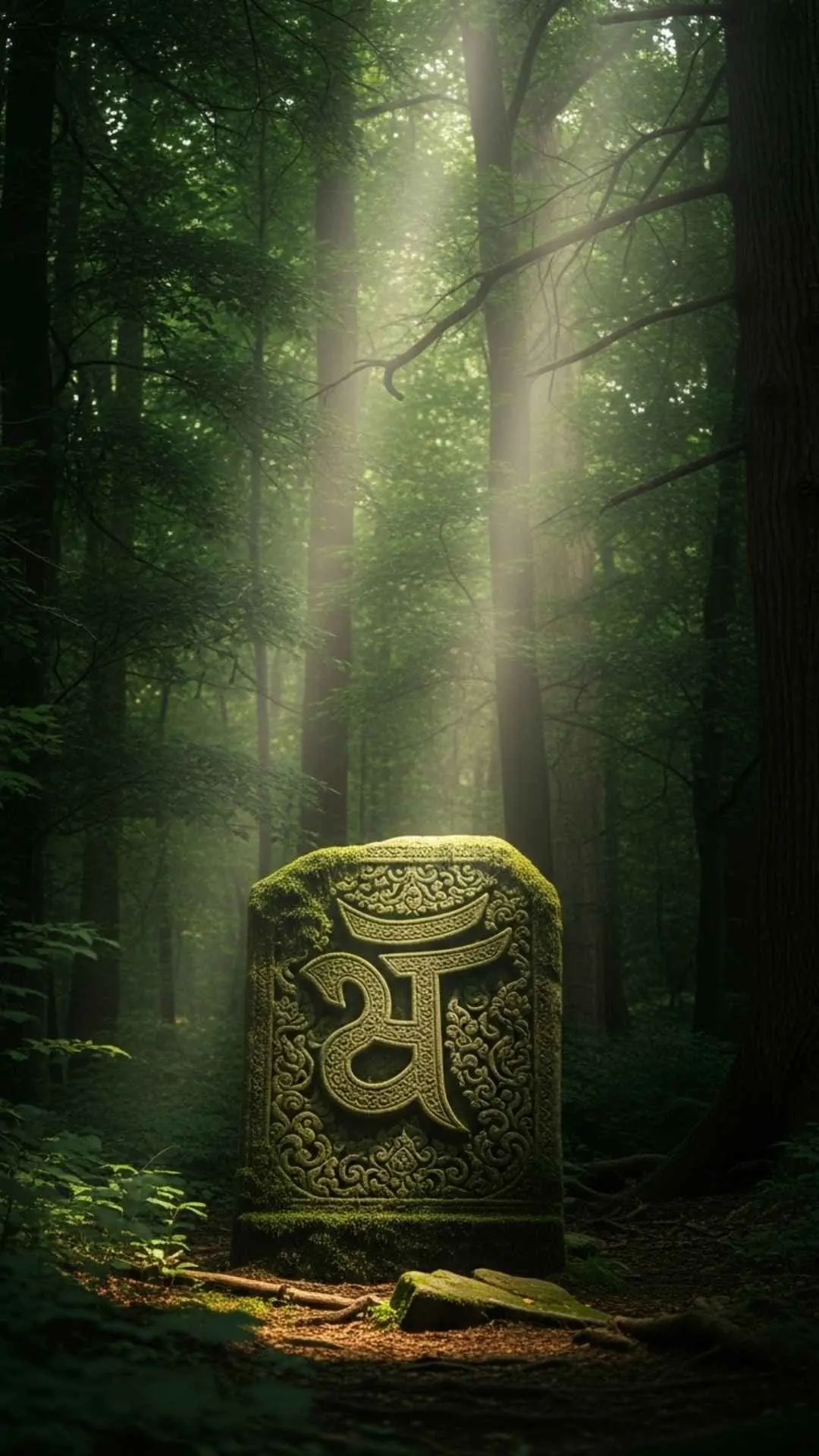 A serene DP of a Khanda symbol carved into a mossy stone in a peaceful forest, symbolizing a faith that is grounded and one with nature. #KhandaInNature #SikhFaith #PeacefulDP #Grounded #Nature