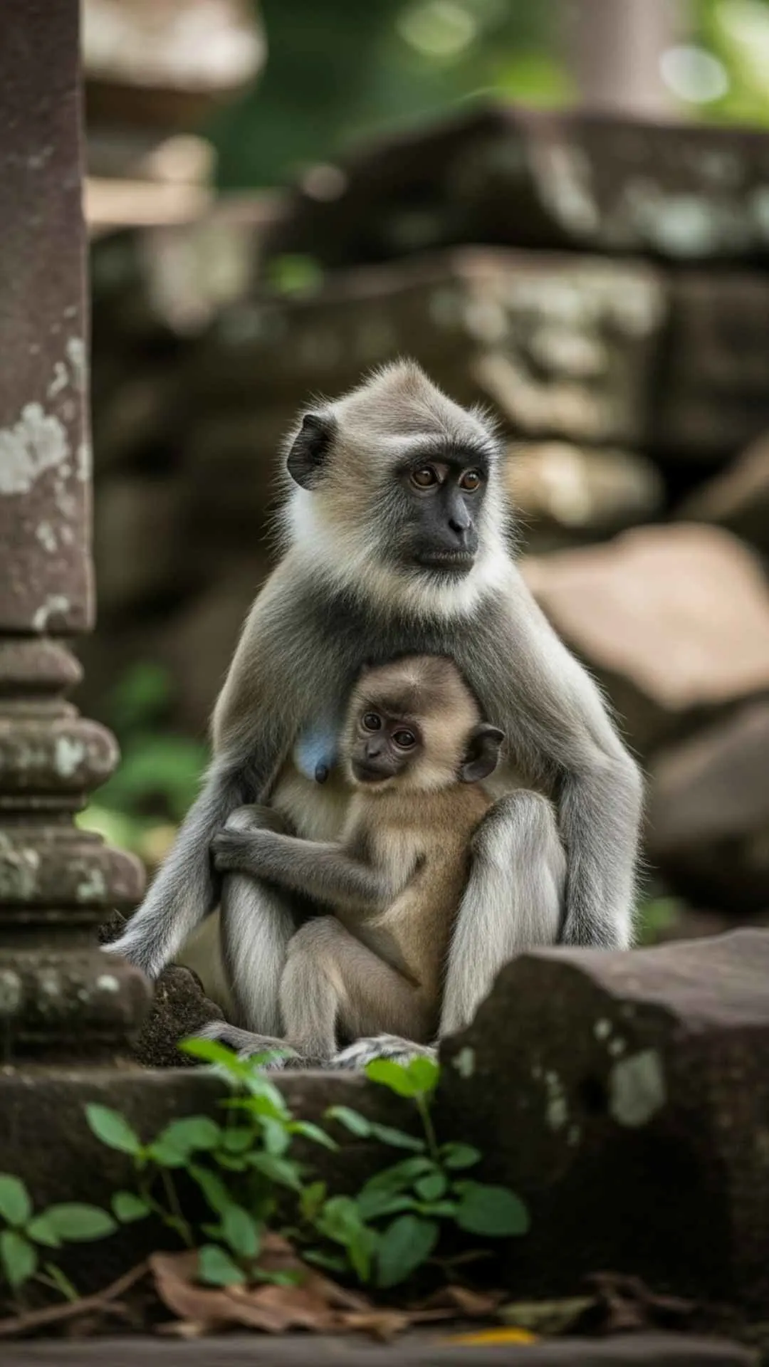 A mother Gray Langur monkey with its curious baby in an Indian setting. A joyful and heartwarming DP for a playful and happy profile.