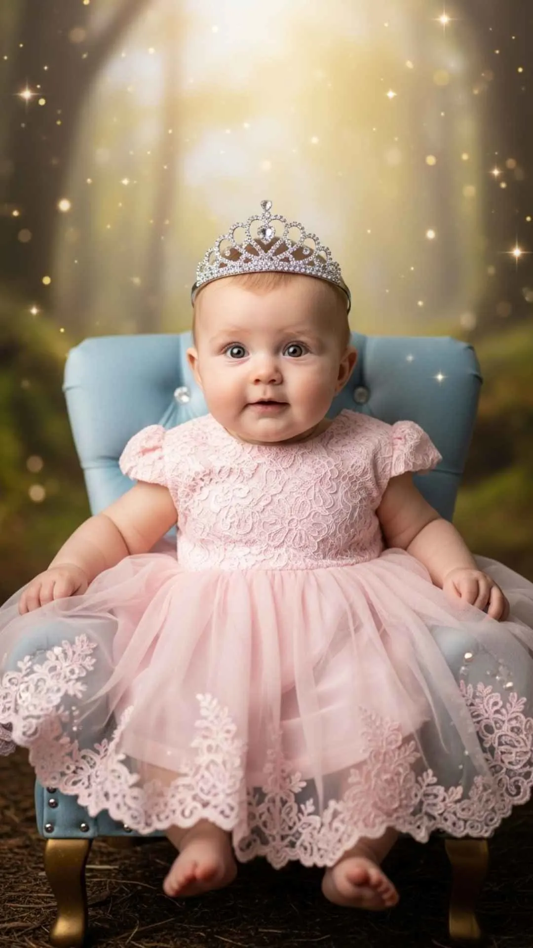 A cute baby girl wearing a tiny crown and a princess dress, the perfect royal DP for WhatsApp