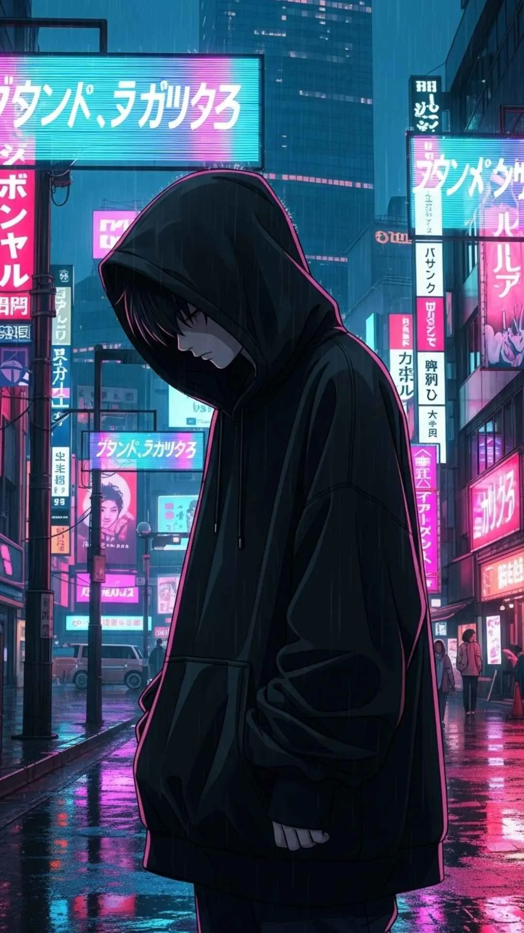 A lonely anime boy in a hoodie hiding his face in the rain, a cool sad DP for Instagram