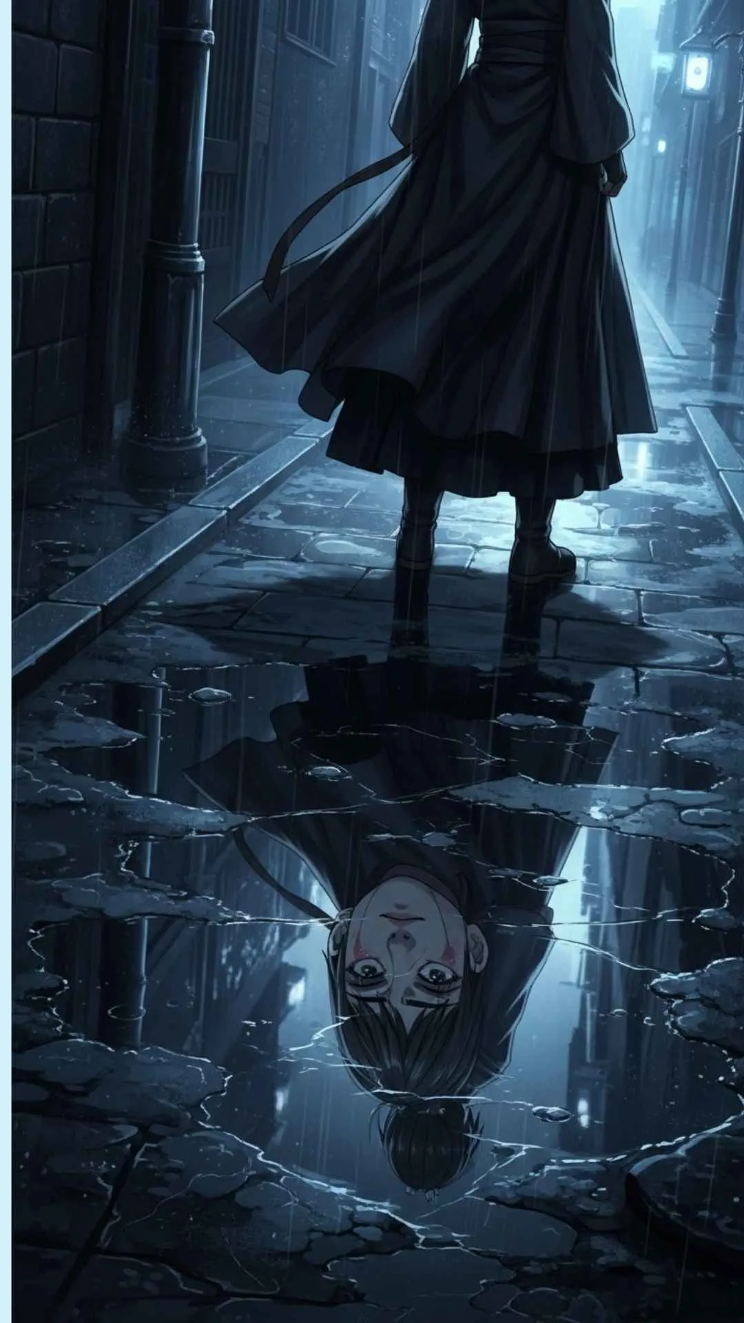 A lonely anime character's sad reflection in a puddle, a creative and emotional profile picture.