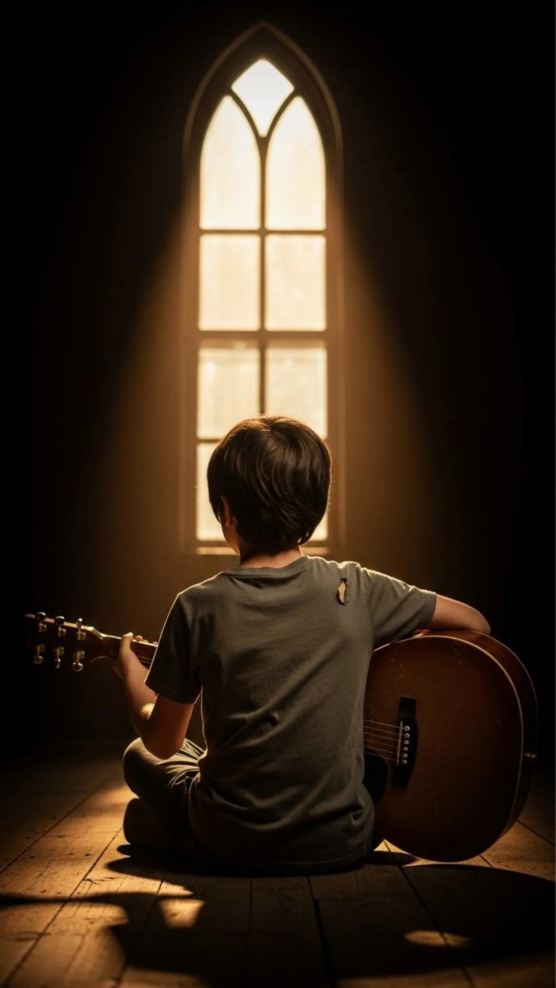 A lonely boy with a guitar in a dark room, a sad and artistic profile picture for boys.