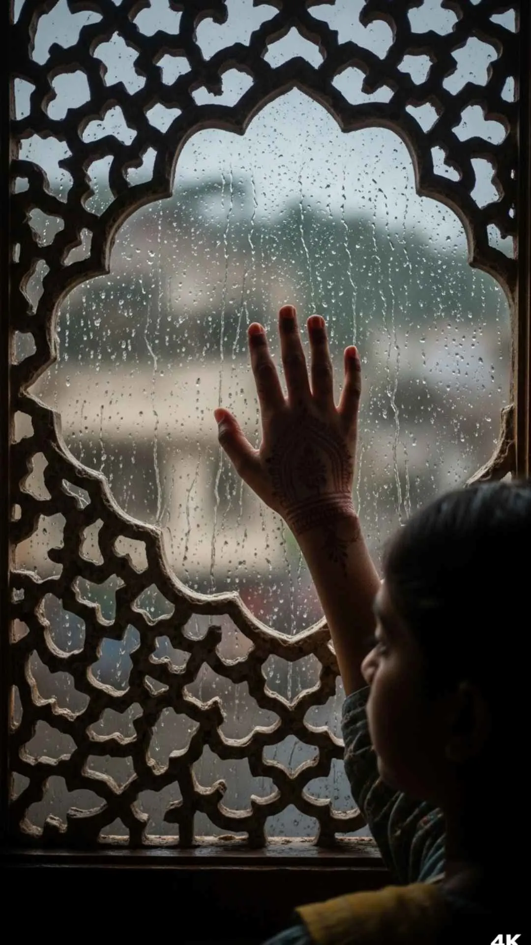 A lonely girl's hand on a rainy window with Indian jaali patterns, a sad and atmospheric DP for WhatsApp