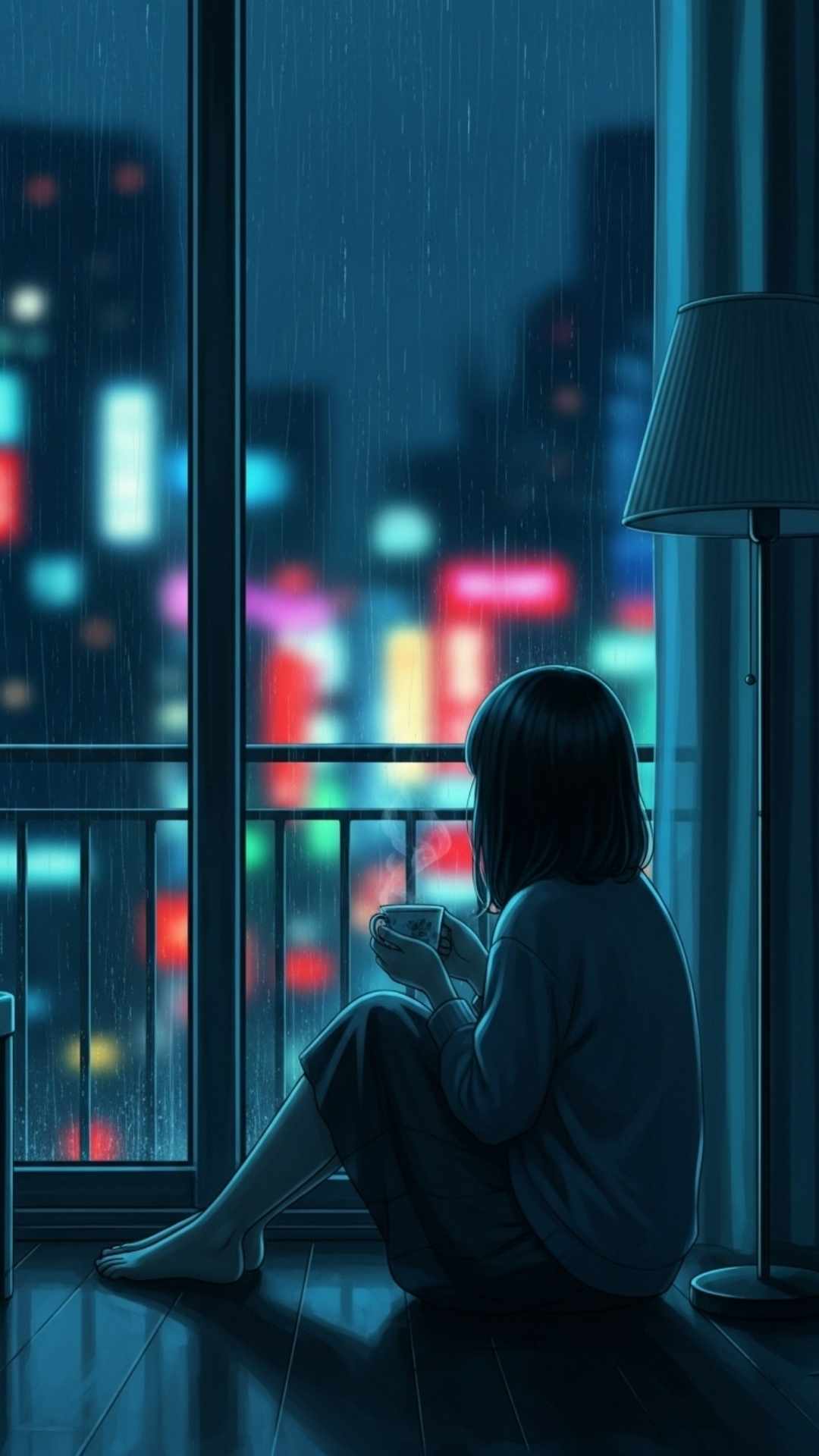 A cinematic image of a girl sitting alone by a rainy window, her silhouette against blurred city lights, expressing profound loneliness and quiet sadness.