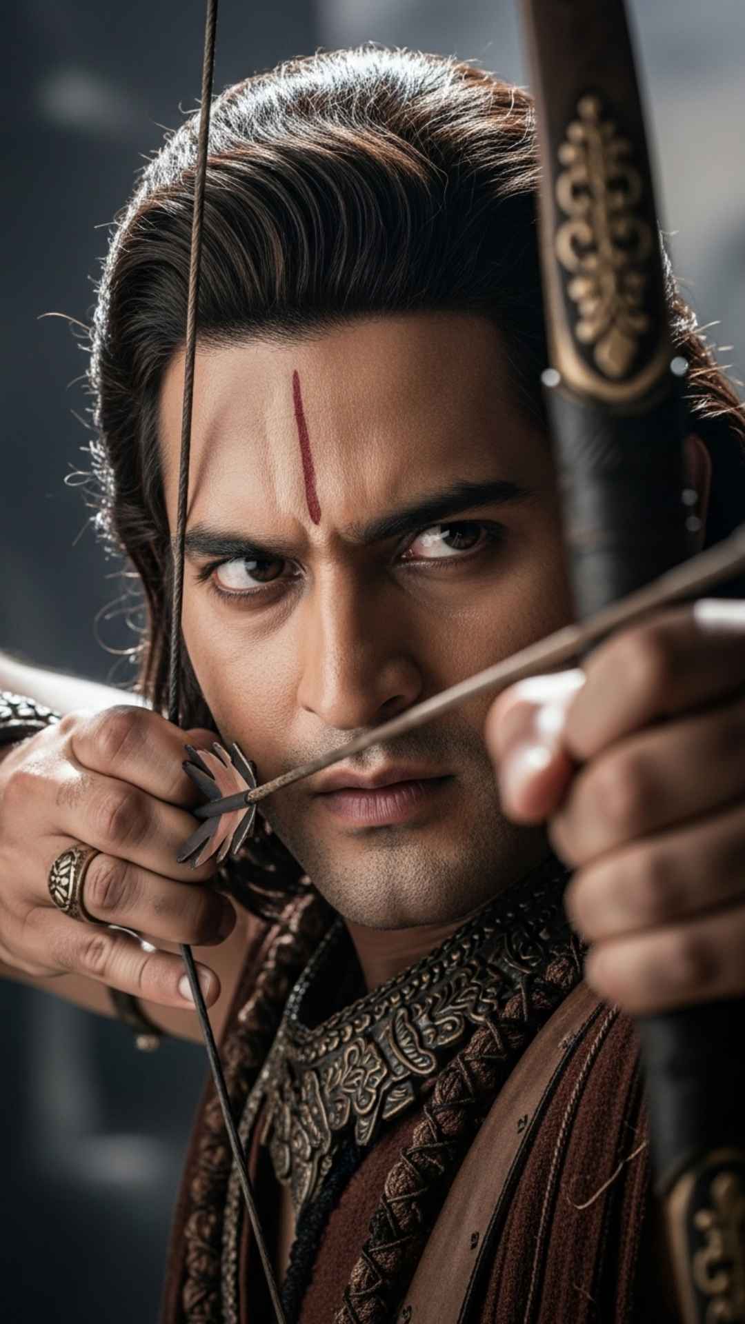 An intense close-up DP of Lord Ram's focused gaze as he aims his arrow, symbolizing his determination to destroy evil and uphold Dharma. #LordRam #FocusedDetermination #DestroyerOfEvil #ArchersGaze #Dharma