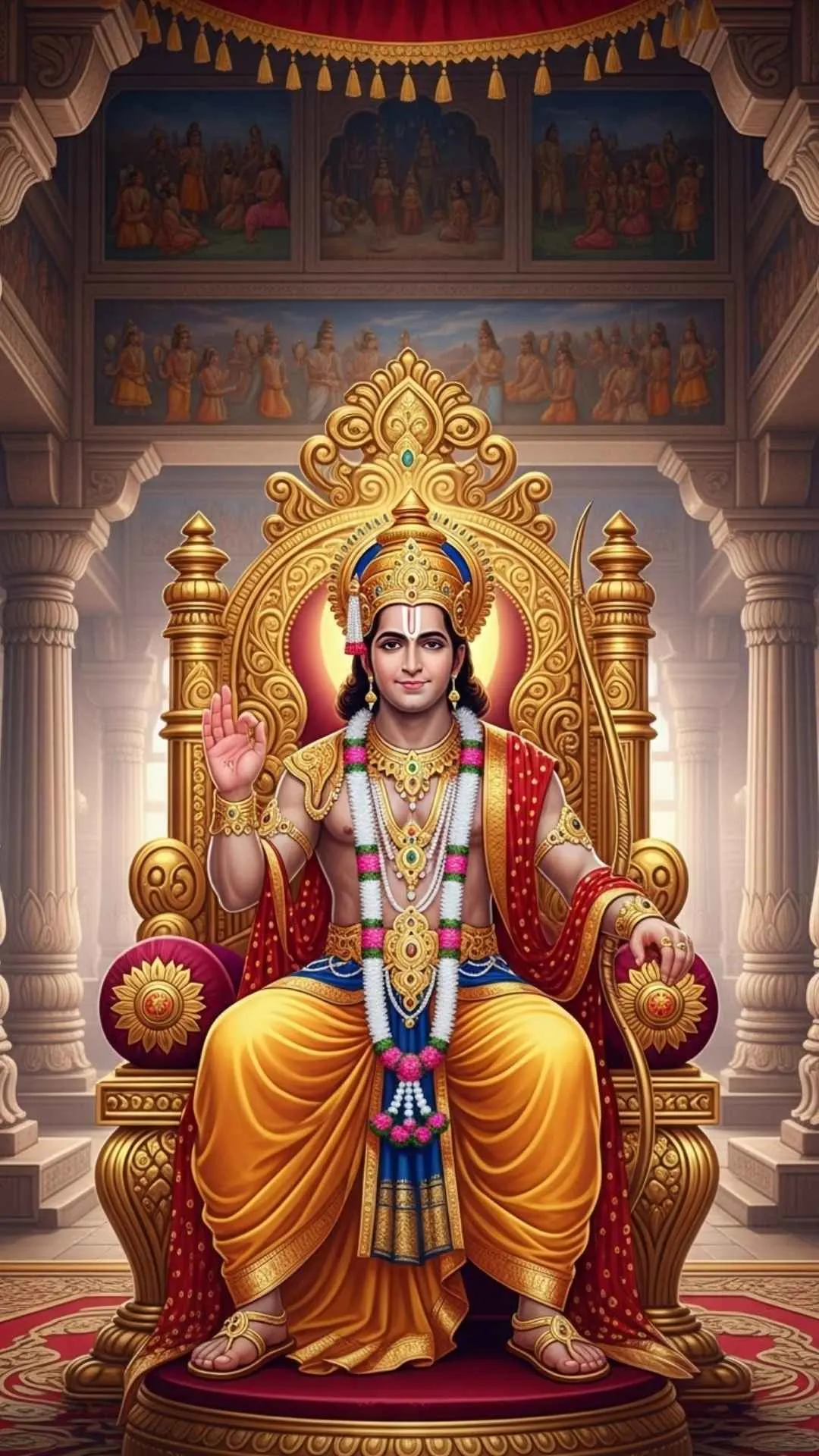 A royal DP of King Ram of Ayodhya seated on his throne, blessing his devotees. A symbol of victory and a just reign (Ram Rajya). #KingRam #Ayodhya #Victory #RamRajya #Blessings