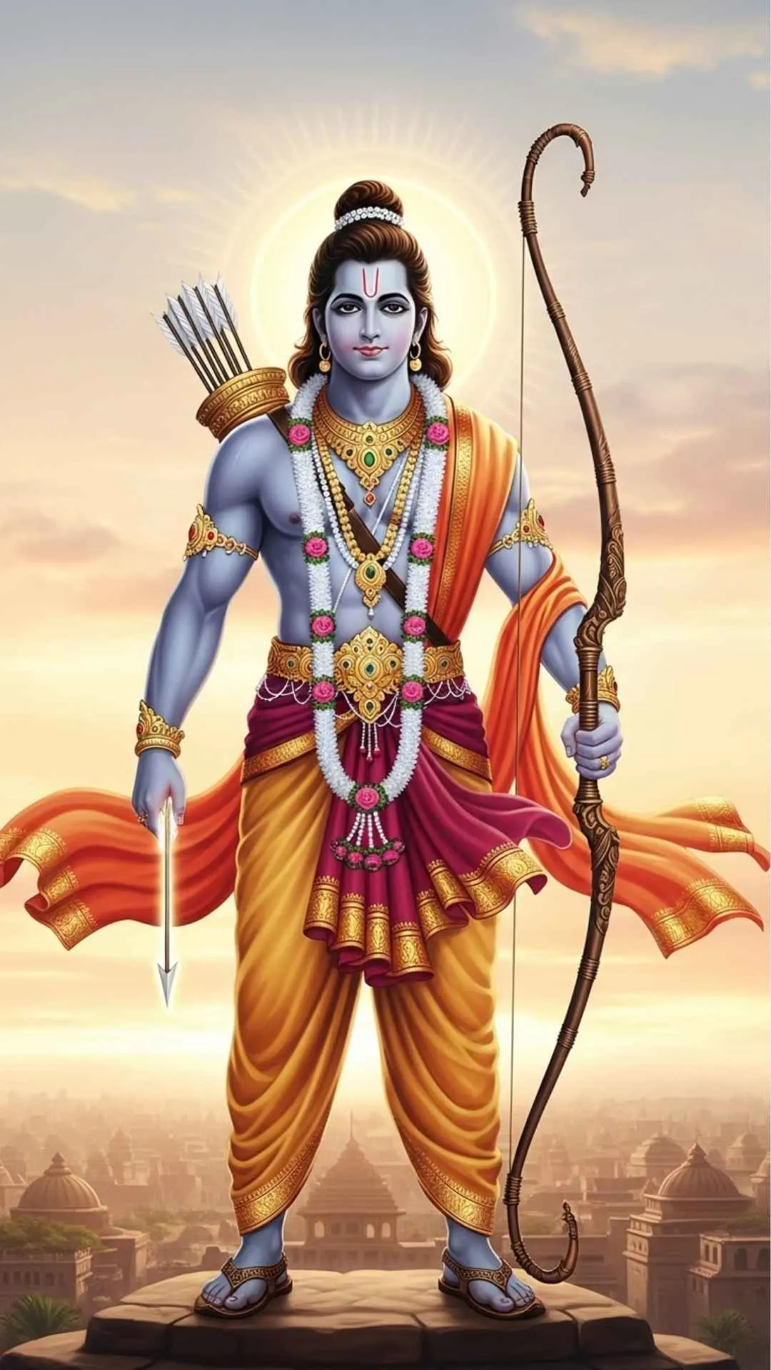 A majestic DP of Lord Ram, the righteous archer, holding his divine bow with a serene and confident expression. A symbol of Dharma and virtue. #LordRam #MaryadaPurushottam #Righteousness #ShreeRam #Dharma