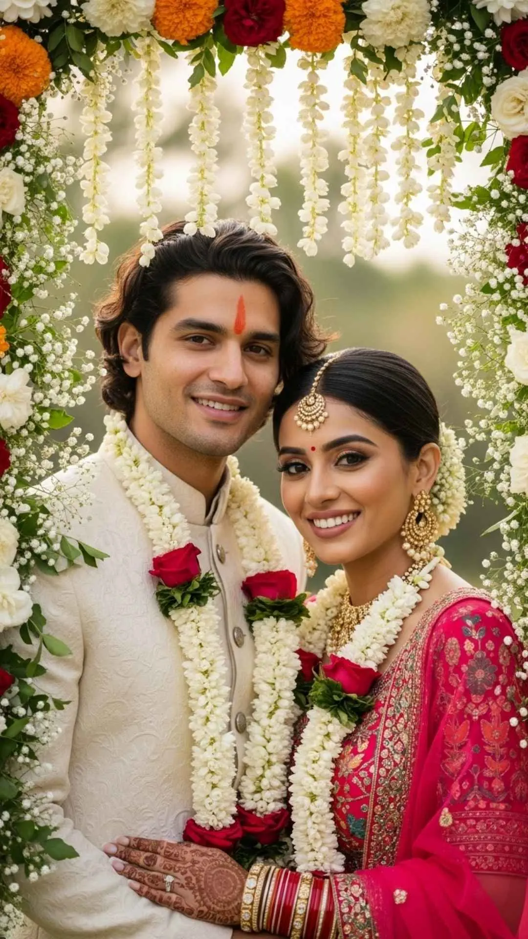 Romantic floral frame couple DP for Instagram, love blooms profile picture, Indian couple with flowers, beautiful natural love.