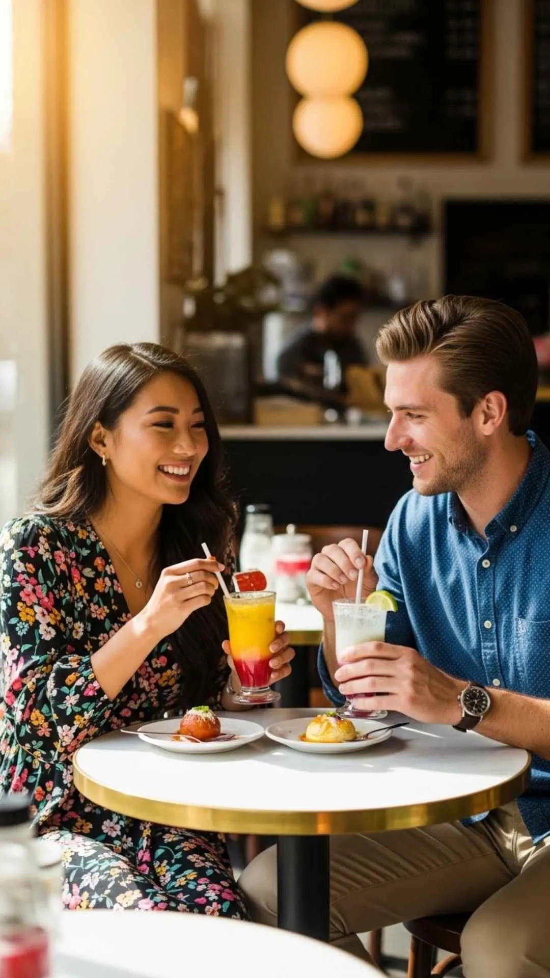 Cafe date couple DP, relaxed profile picture, joyful outing FB DP, sweet treat love avatar.