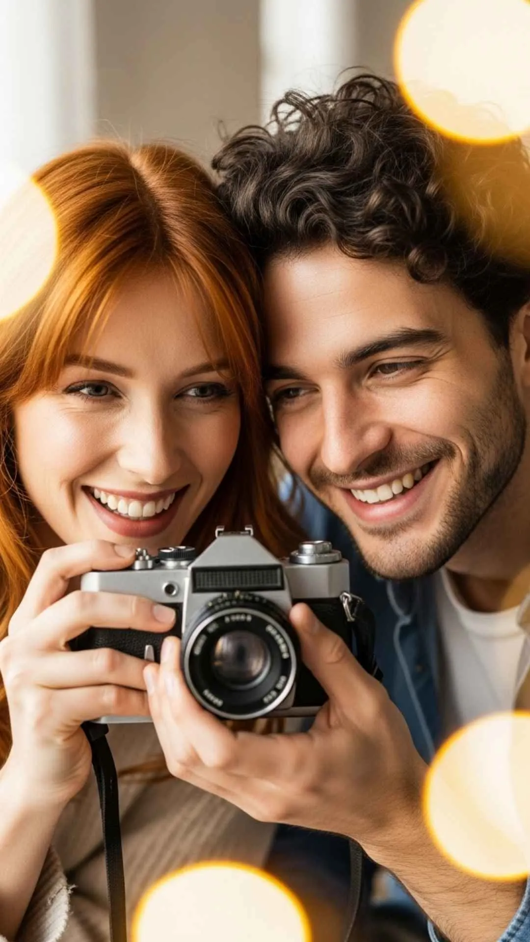 Camera lens couple DP, captured moments profile picture, joyful memory FB DP, photography love avatar.