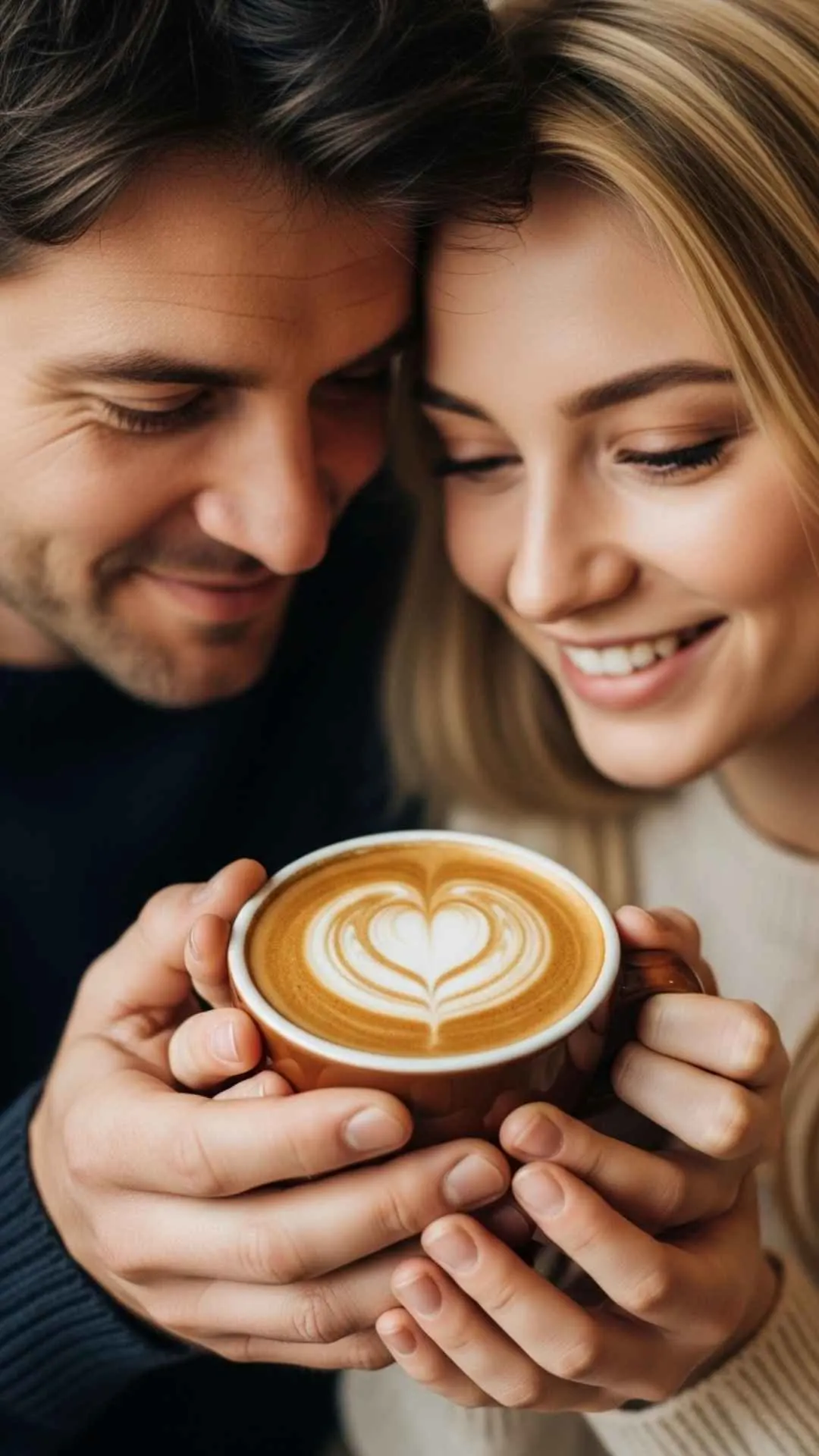 Coffee art heart couple DP, cozy moment profile picture, warm beverage love FB DP, simple joy avatar.
