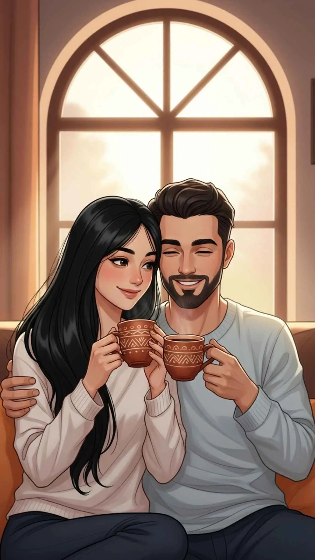 Cozy couple morning DP, peaceful love profile picture, happy coffee/tea FB DP, serene relationship avatar, comfortable couple pic