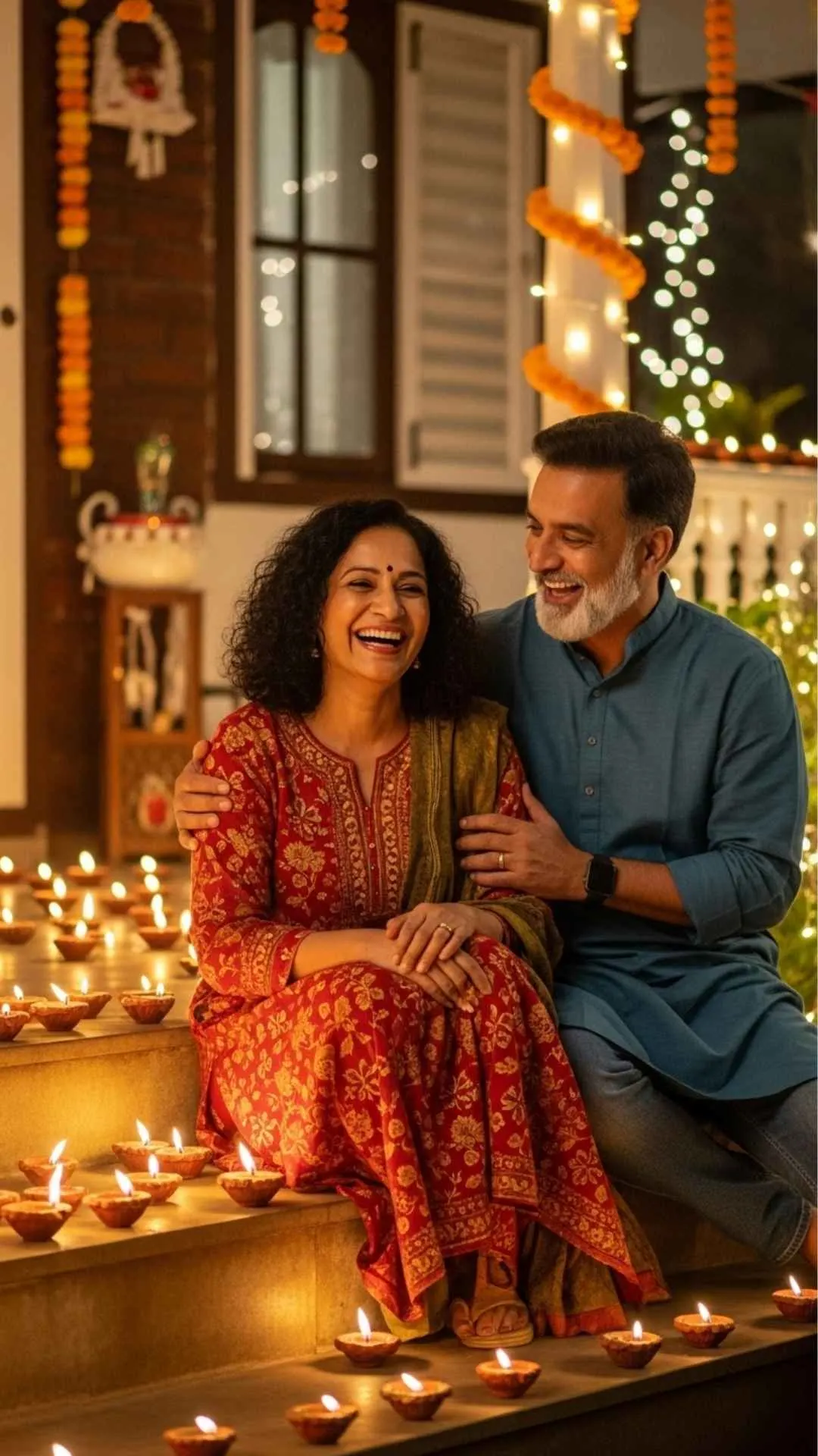 Diwali couple joyful DP, festive lights profile picture, happy celebration FB DP, warm diya glow avatar, togetherness pic