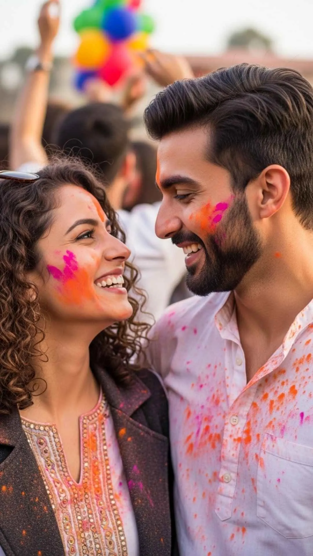 Holi couple colorful DP, joyful festival profile picture, happy celebration FB DP, vibrant color love avatar.