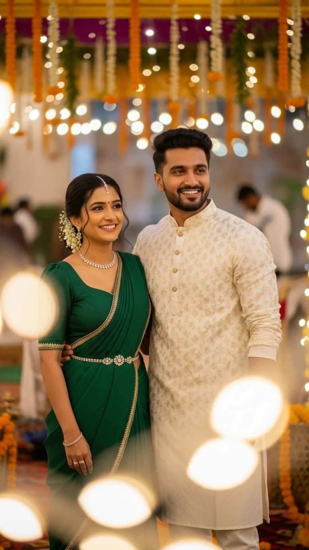 Indian couple stylish DP, modern traditional attire profile, joyful fusion FB DP, cultural love avatar, elegant ethnic wear