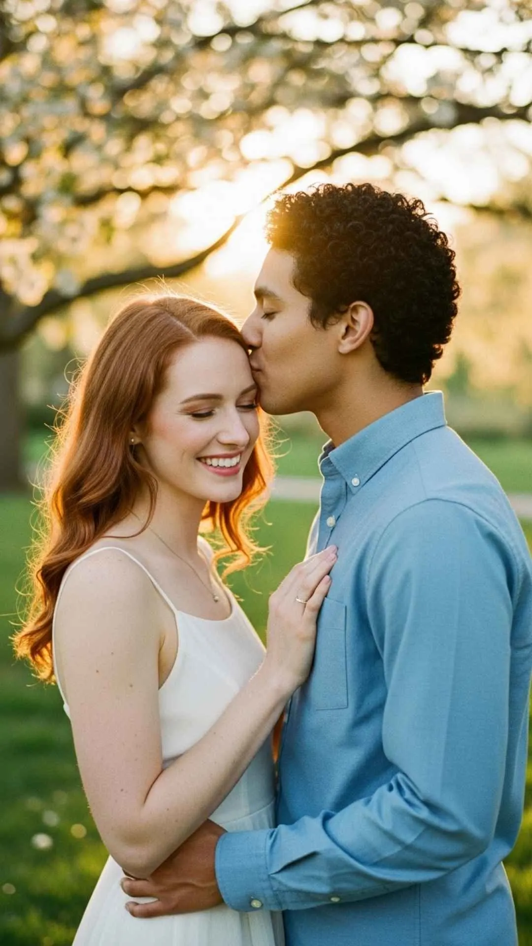 Happy couple golden hour DP, romantic forehead kiss, joyful love FB DP, blissful relationship profile, warm moment pic.