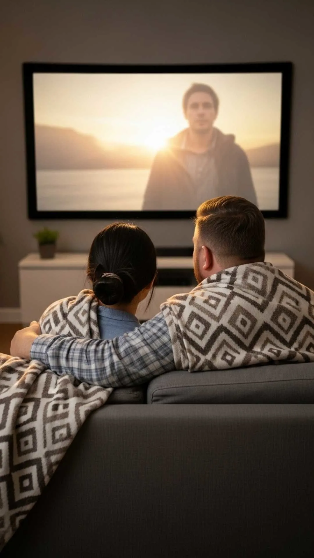 Movie night couple DP, cozy home profile picture, relaxed love FB DP, shared comfort avatar.