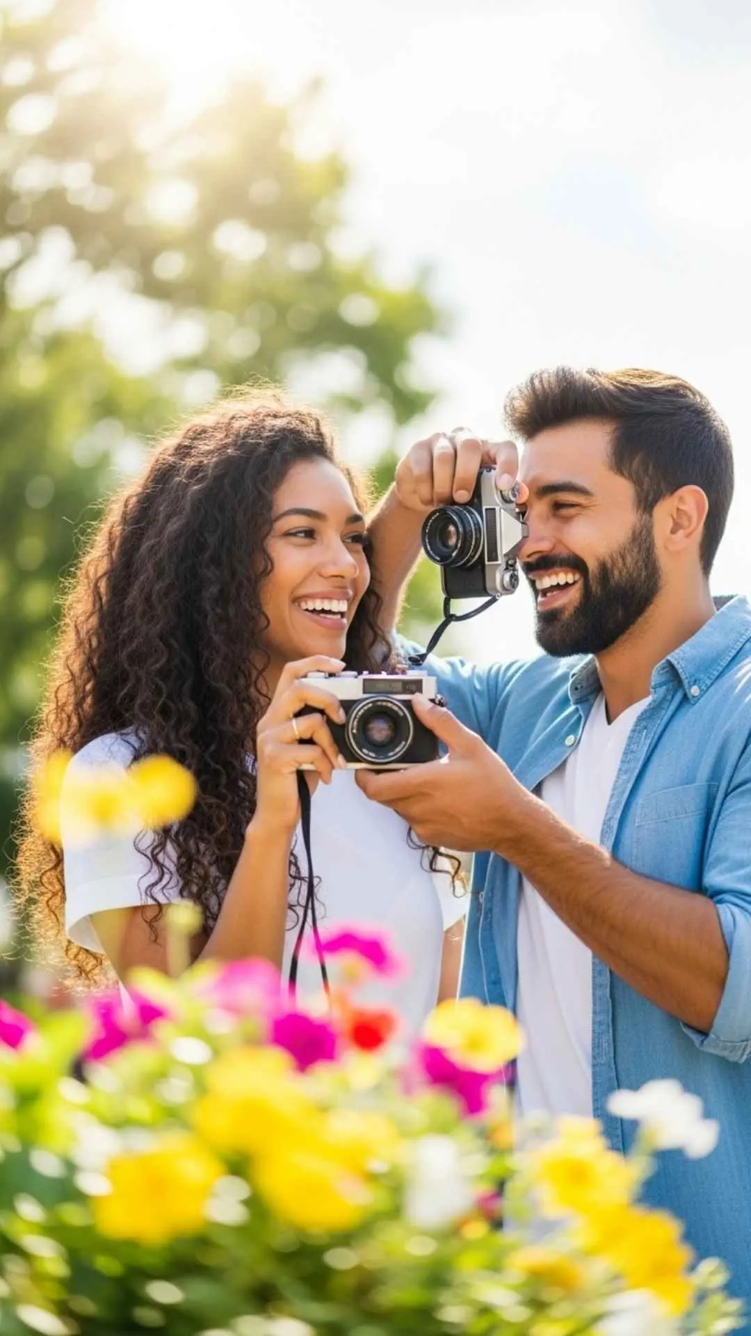 Happy couple photography DP, vintage camera profile picture, joyful memories FB DP, shared hobby avatar, playful photoshoot pic