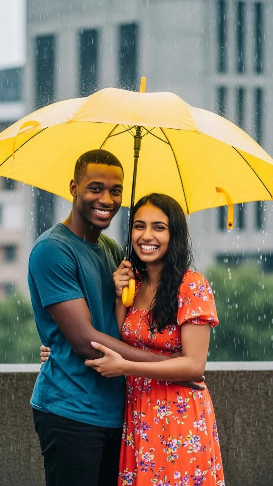 Resilient couple rain DP, joyful monsoon profile picture, shared umbrella love FB DP, happy in rain avatar, healing rain pic