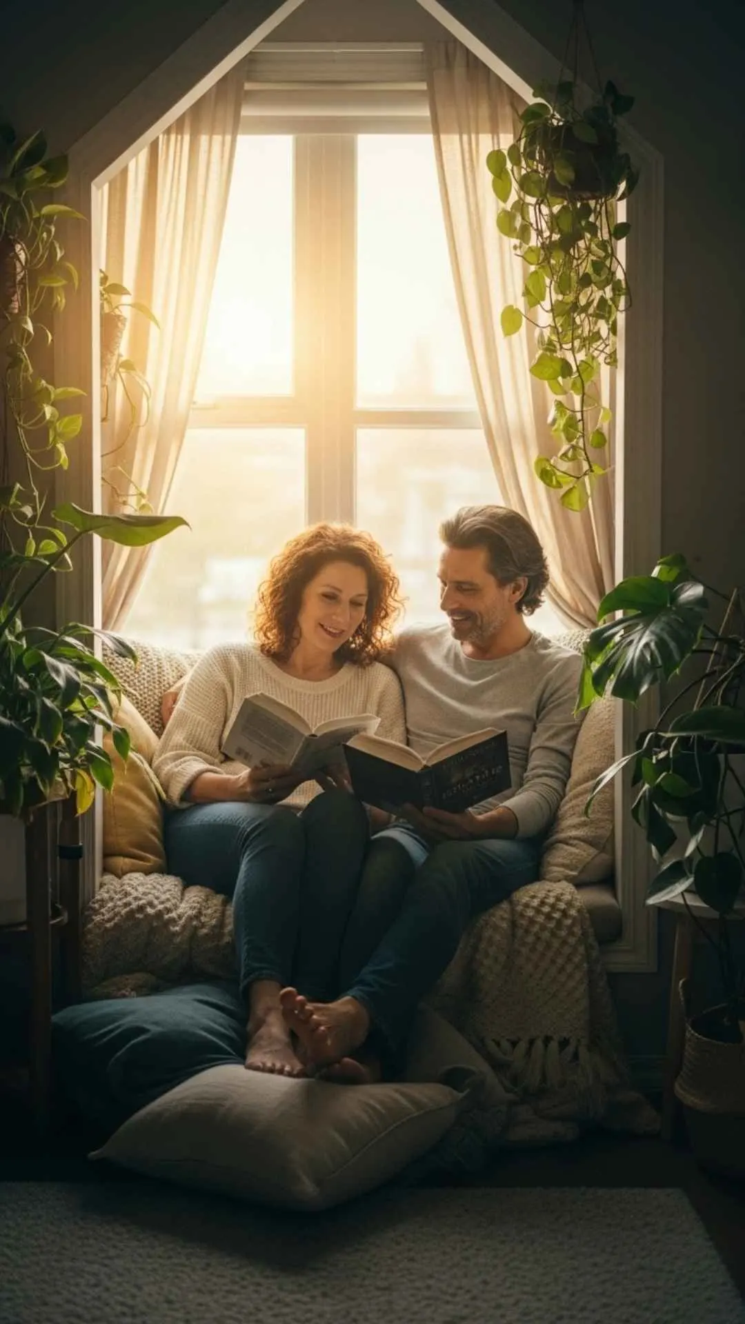 Peaceful couple reading DP, shared hobby profile picture, cozy love FB DP, quiet companionship avatar, intellectual love pic