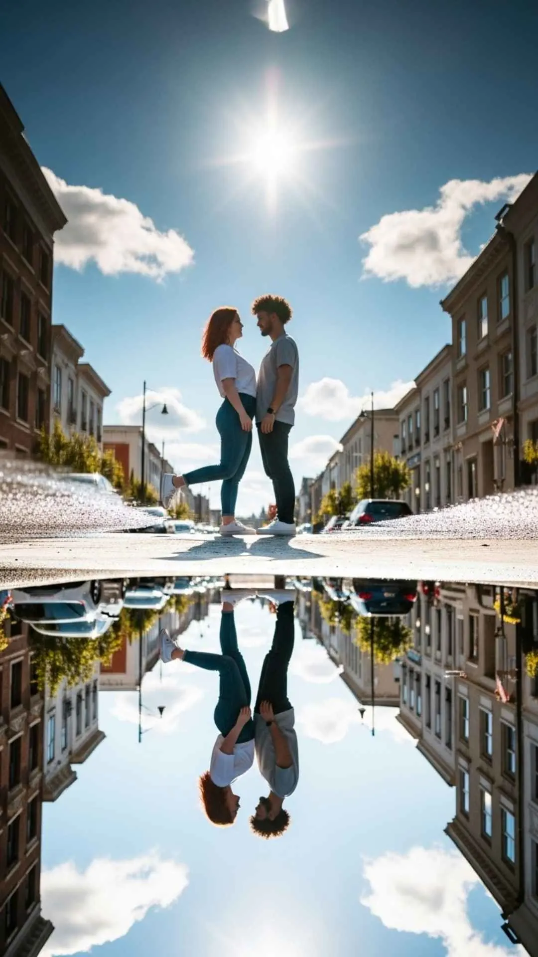 Optimistic couple reflection DP, sunny street profile picture, clear sky love FB DP, shared optimism avatar, joyful reflection pic