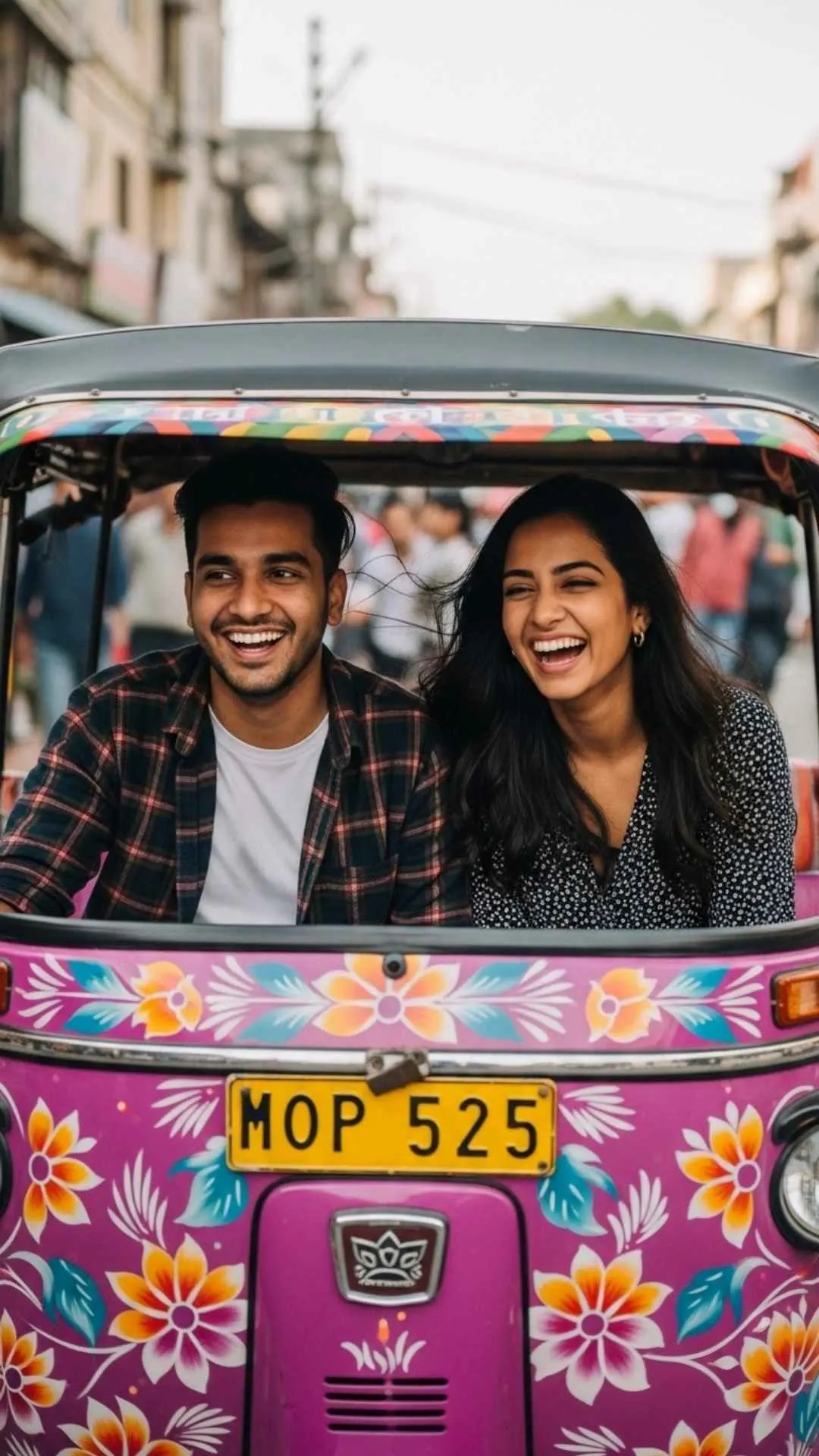 Rickshaw ride couple DP, fun adventure profile picture, joyful ride FB DP, happy candid travel avatar.
