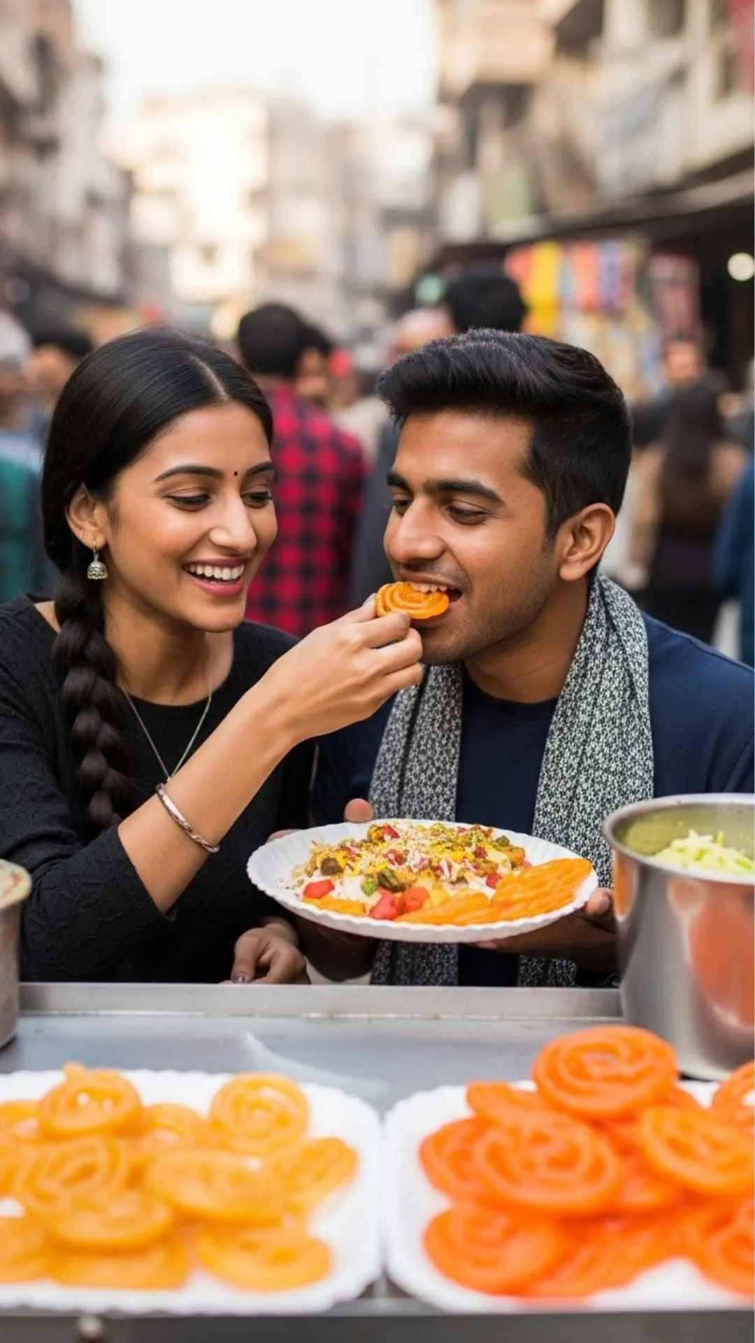 Indian street food couple DP, happy candid profile picture, joyful treat FB DP, shared deliciousness avatar.