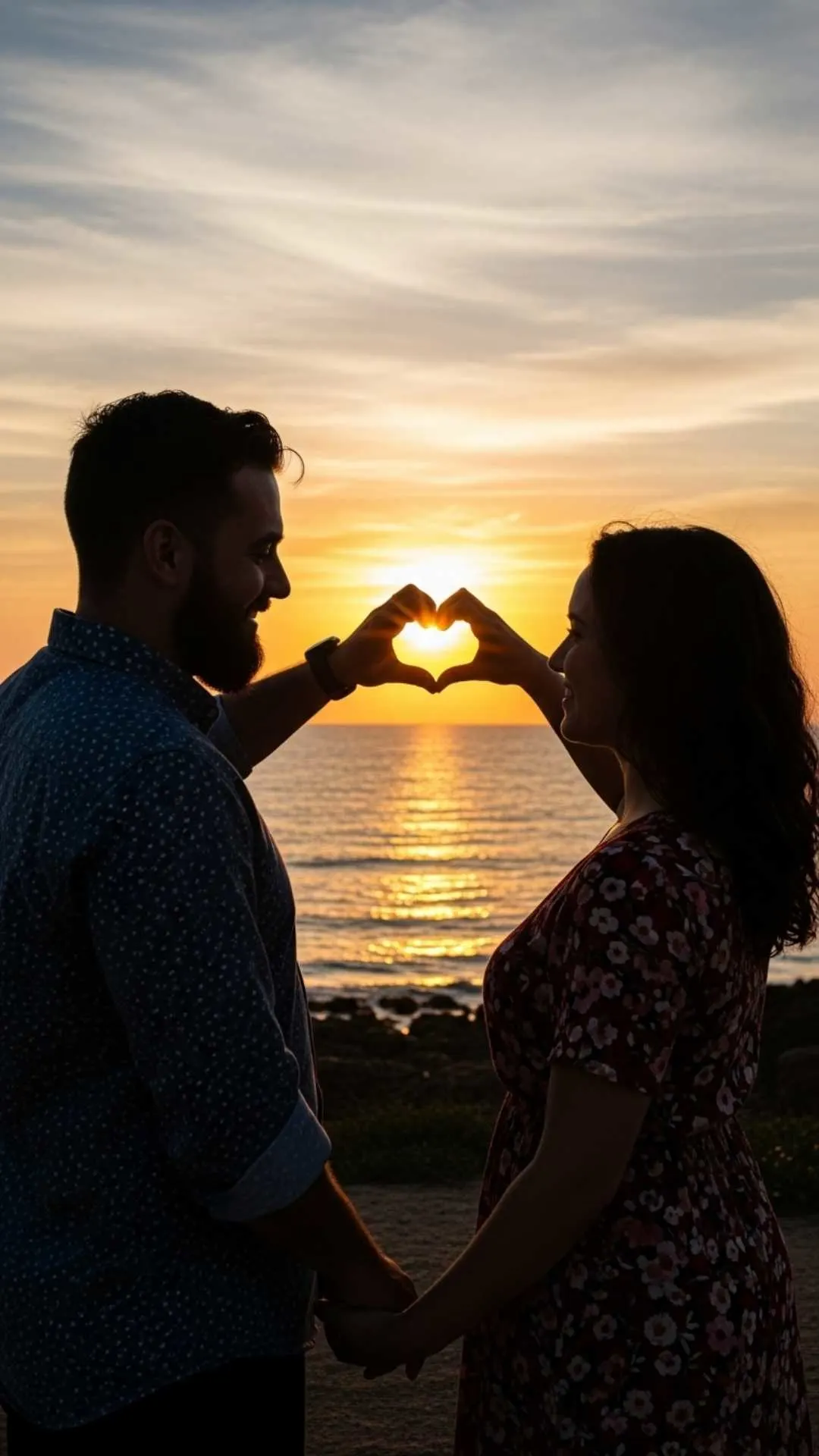 Sunset heart hands couple DP, loving gesture profile picture, romantic silhouette FB DP, golden hour love avatar.