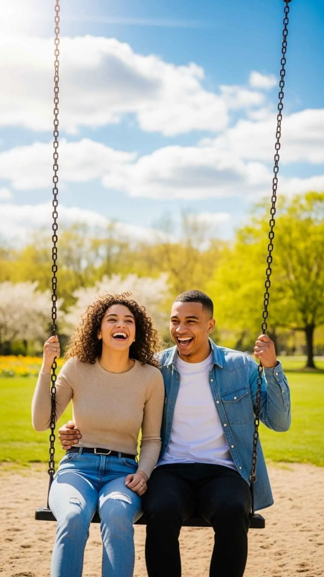 Joyful couple on swing DP, carefree love profile picture, happy park FB DP, playful laughter avatar, youthful joy pic