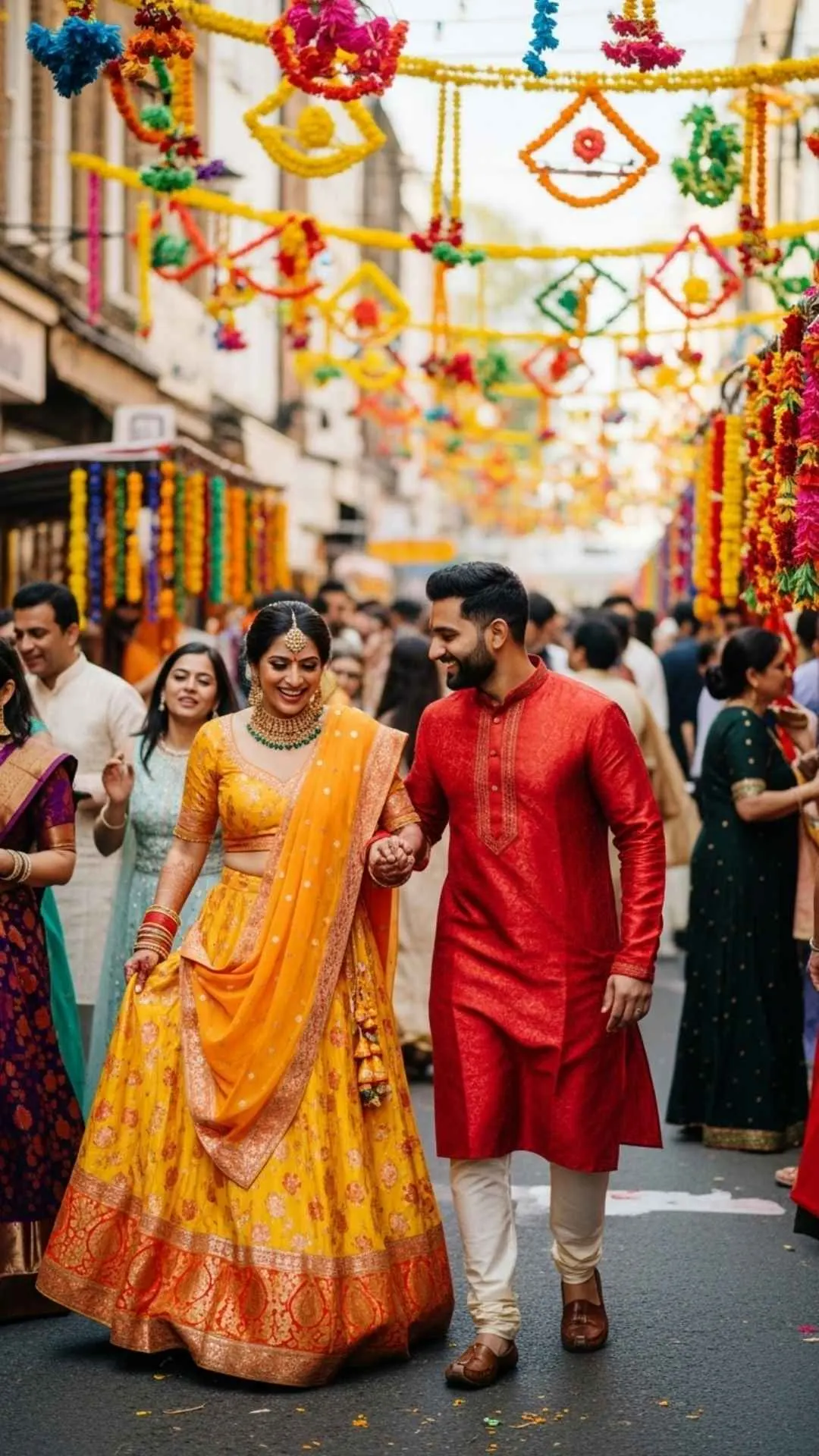 Vibrant couple cultural DP, color-coordinated profile picture, happy Indian market FB DP, festive love avatar, cheerful outfit pic.