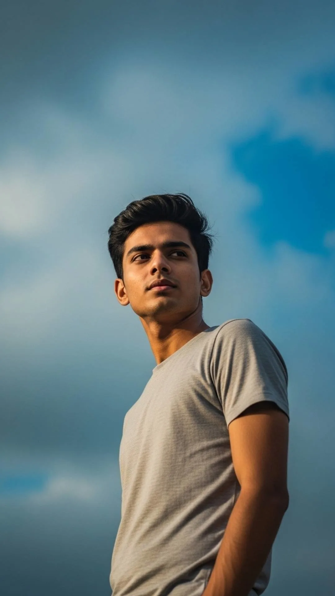Low-angle portrait of a young Indian man against a vast sky, representing a cool and confident Instagram DP for boys.